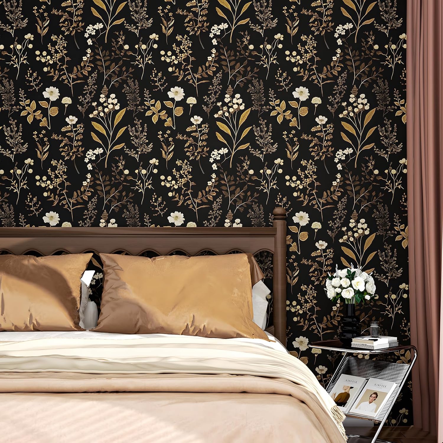 ILHIIOR Gold Leaf Peel and Stick Wallpaper - Boho Vintage Dark Floral Removable Wall Decor 17.5''x118.1''
