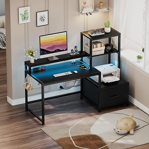 Miniatura 7 de Escritorio de computadora GreenForest con cajones y soporte para monitor, escritorio de oficina en casa con estantes de almacenamiento, escritorio