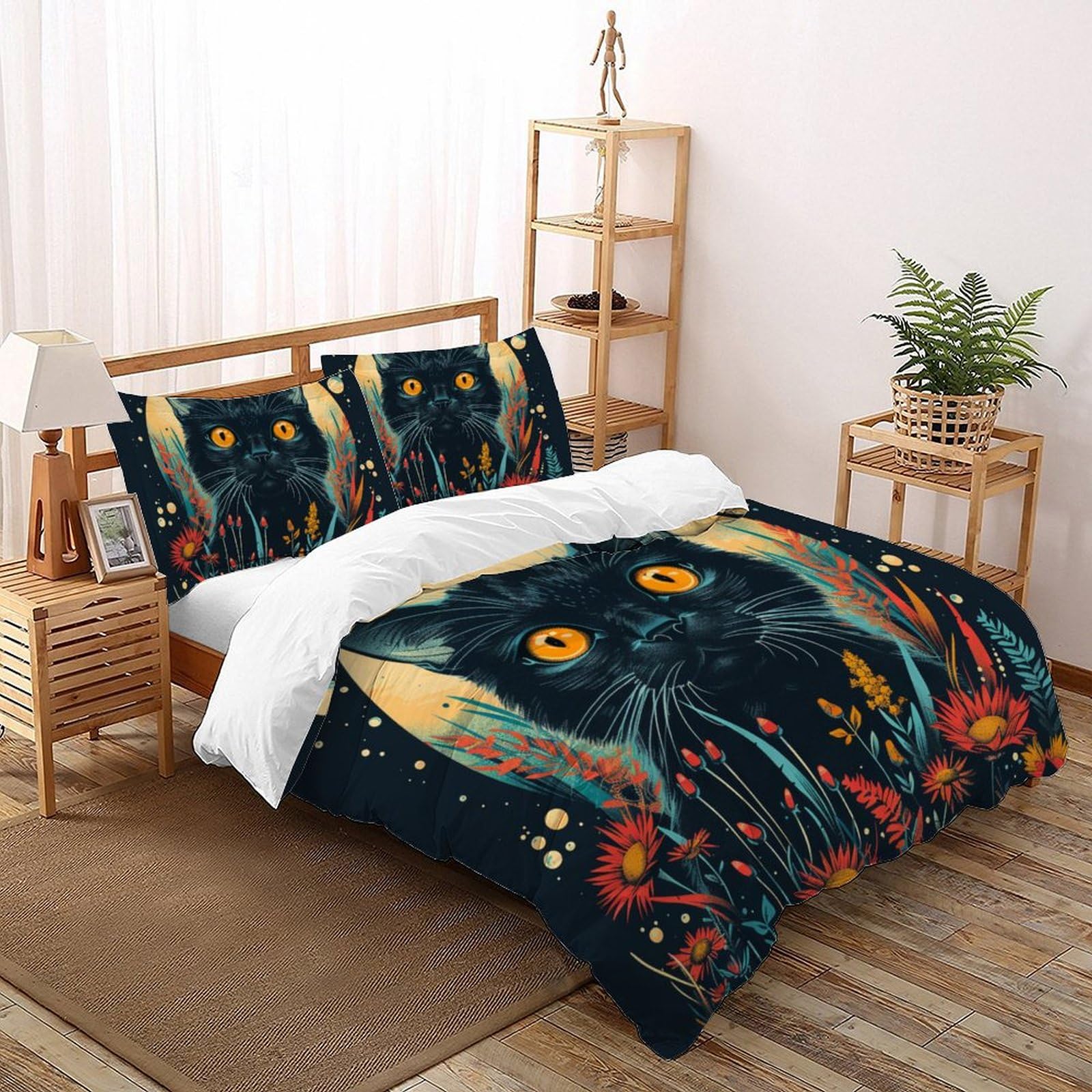 Housse de couette chat noir 260x220 cm en microfibre avec 2 taies