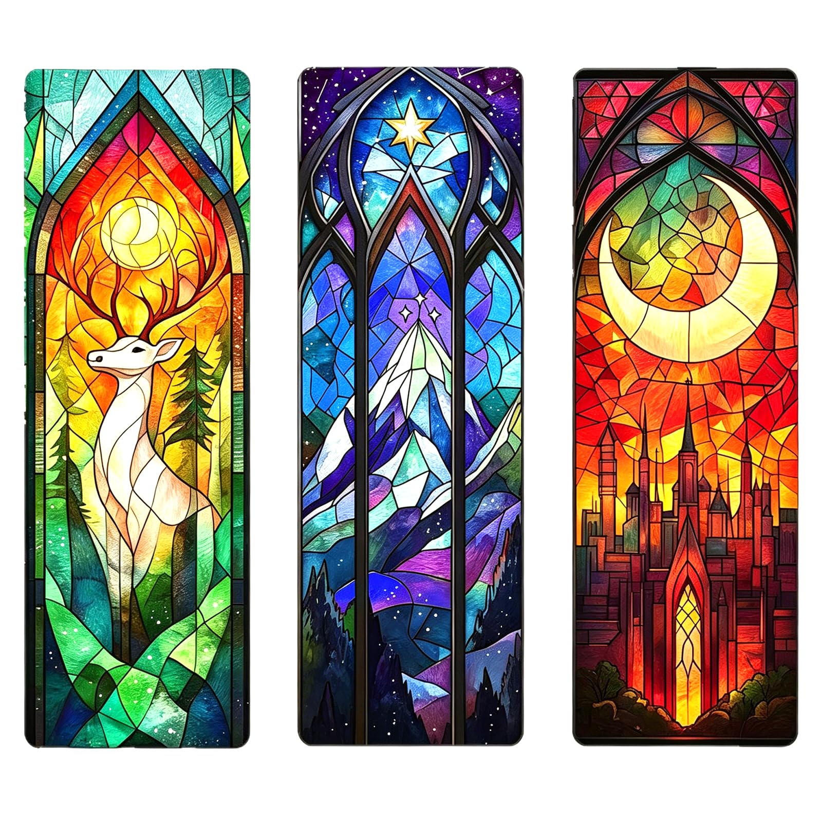3Pcs Stained Art Style Bookmarks, Fantasy Acrylic Book Marks with Deer & Moon Patterns, Creative Reading Accessories for School and Office, Delicate Bookish Gifts for Women, Men and Bookworm