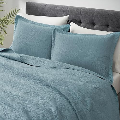 Vista 160 de Hansleep - Edredón blanco tamaño Queen – Colcha barroca ultrasónica para todas las estaciones, juego de ropa de cama suave y ligero, 3 piezas