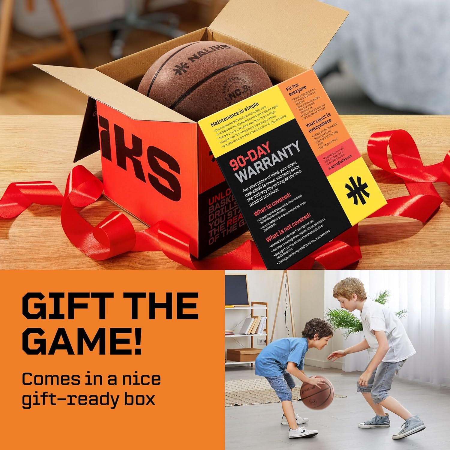silent basketball size 3, 22” – airless indoor basketball | gift box included, pro pu foam basket ball, for quiet dribbling indoor, real grooves