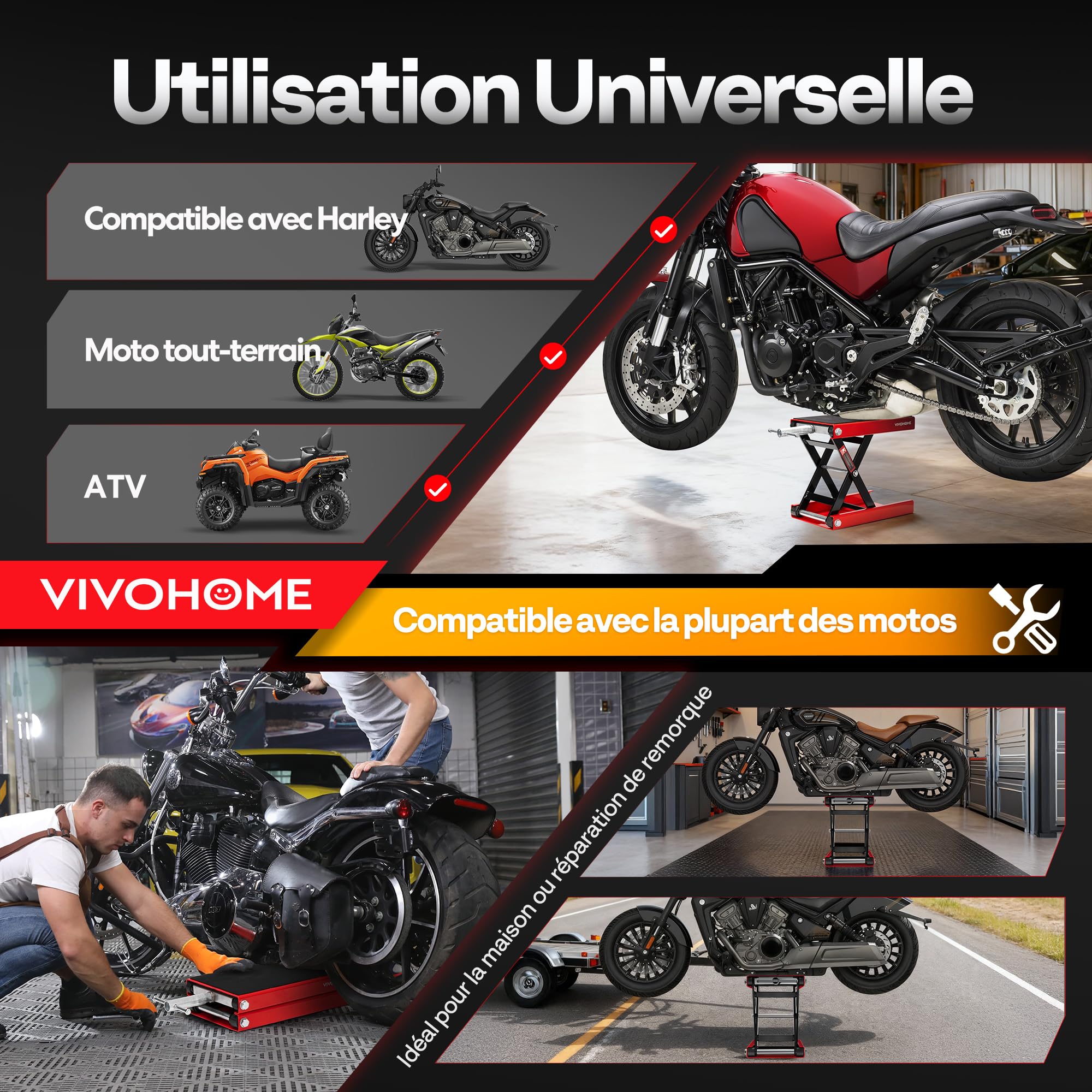 VIVOHOME Élévateur de Moto à Ciseaux en Acier avec Large Plateforme et Manivelle, Support Central Capacité 500kg pour ATV Motos Tout Terrain Garage Réparation Rouge