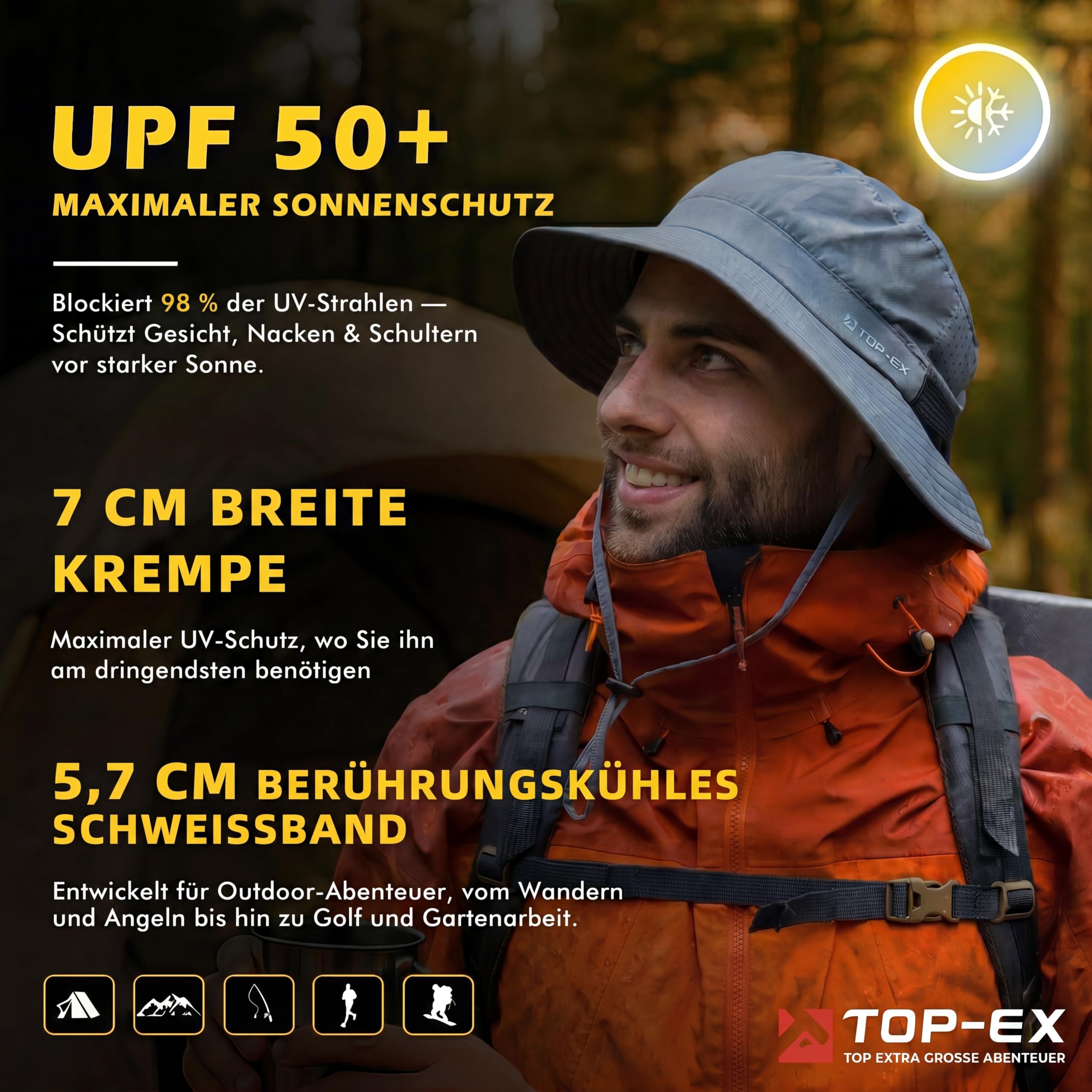 TOP-EX Cappello da pescatore da uomo, traspirante, protezione UV, cappello da sole da donna, estivo, per attività all'aria aperta, con tesa larga, pieghevole