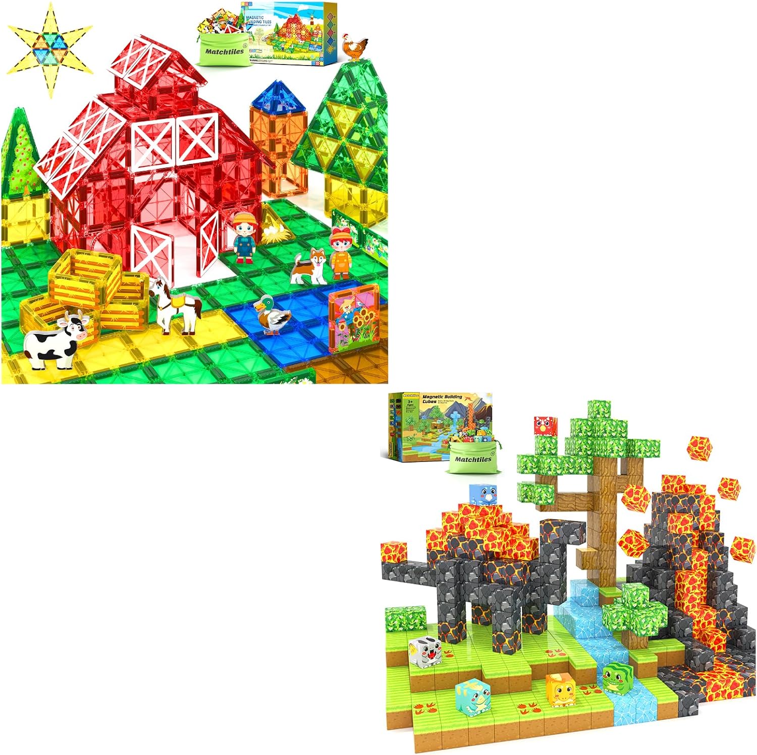 Magnetic Tiles Toys with Farm Animal & Magnetic Blocks Dinosaur Toys,Magnetic Tiles Building Toys for Boys & Girls Kids Ages 3-5 5-7