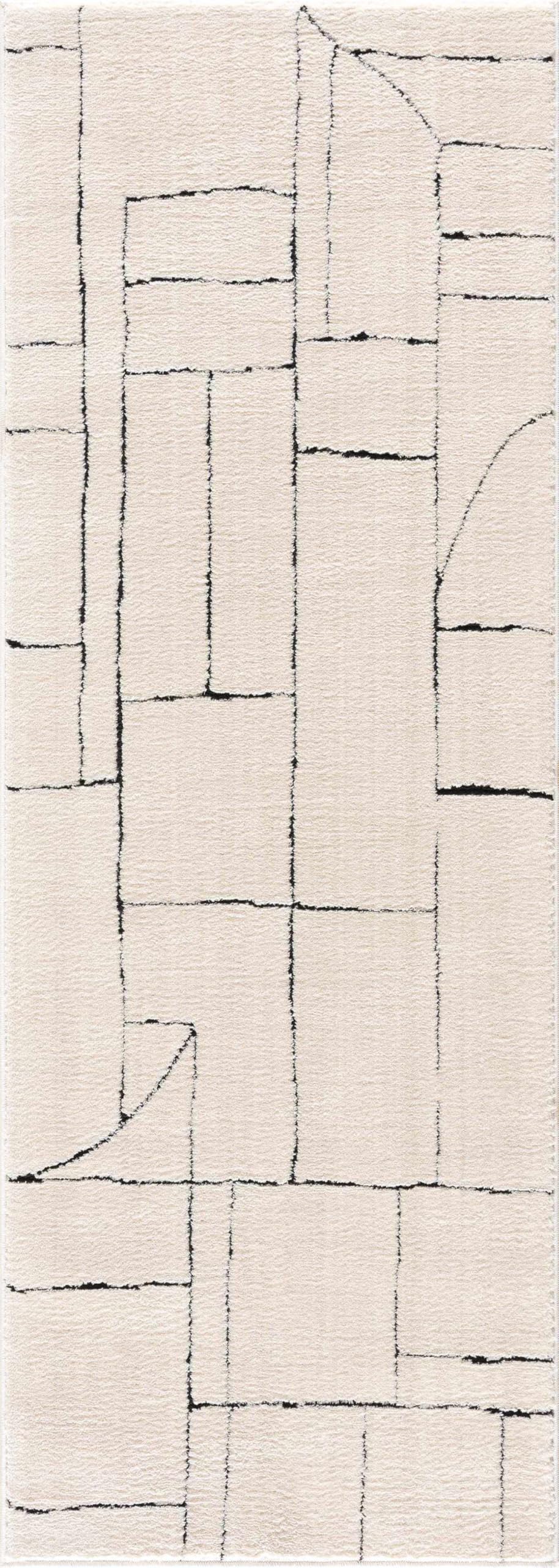 Hauteloom Keats Hallway, Kitchen Runner Rug - High Pile - Modern Abstract Geometric - Beige, Cream, Black - 2'8