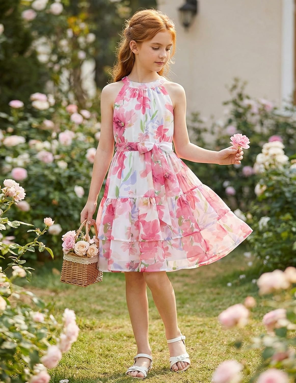 GRACE KARIN Girls Summer Beach Dress Floral Hawaiian Halter Chiffon Party Wedding Vacation Sundress 7-14Y - Image 6