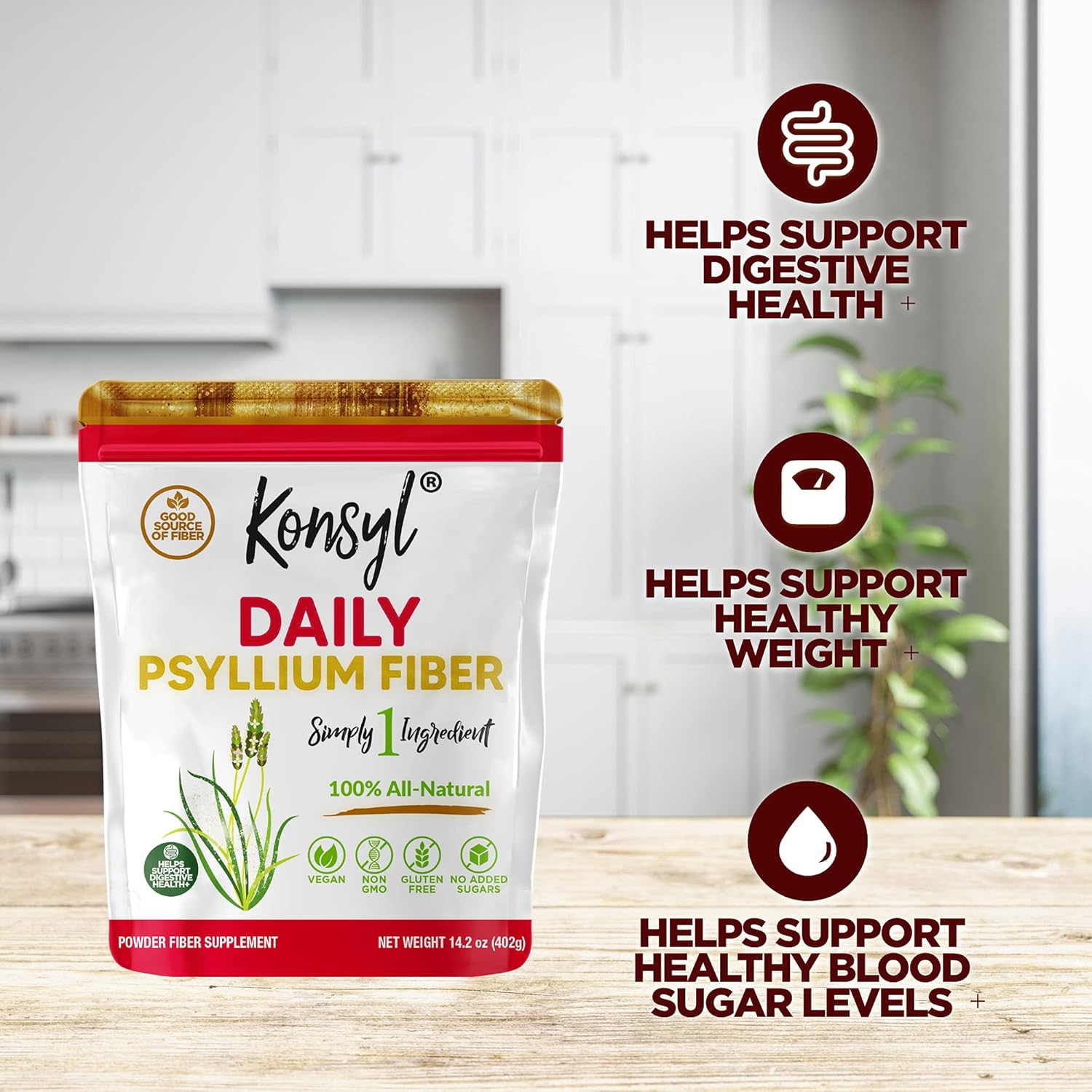 Konsyl Daily Psyllium Fiber - Psyllium Husk Daily Fiber Supplement Powder - All Natural, Soluble Fiber, Gluten-Free & Sugar-Free - Perfect for Keto & Baking - 402g - Gusset Bag : Health & Household
