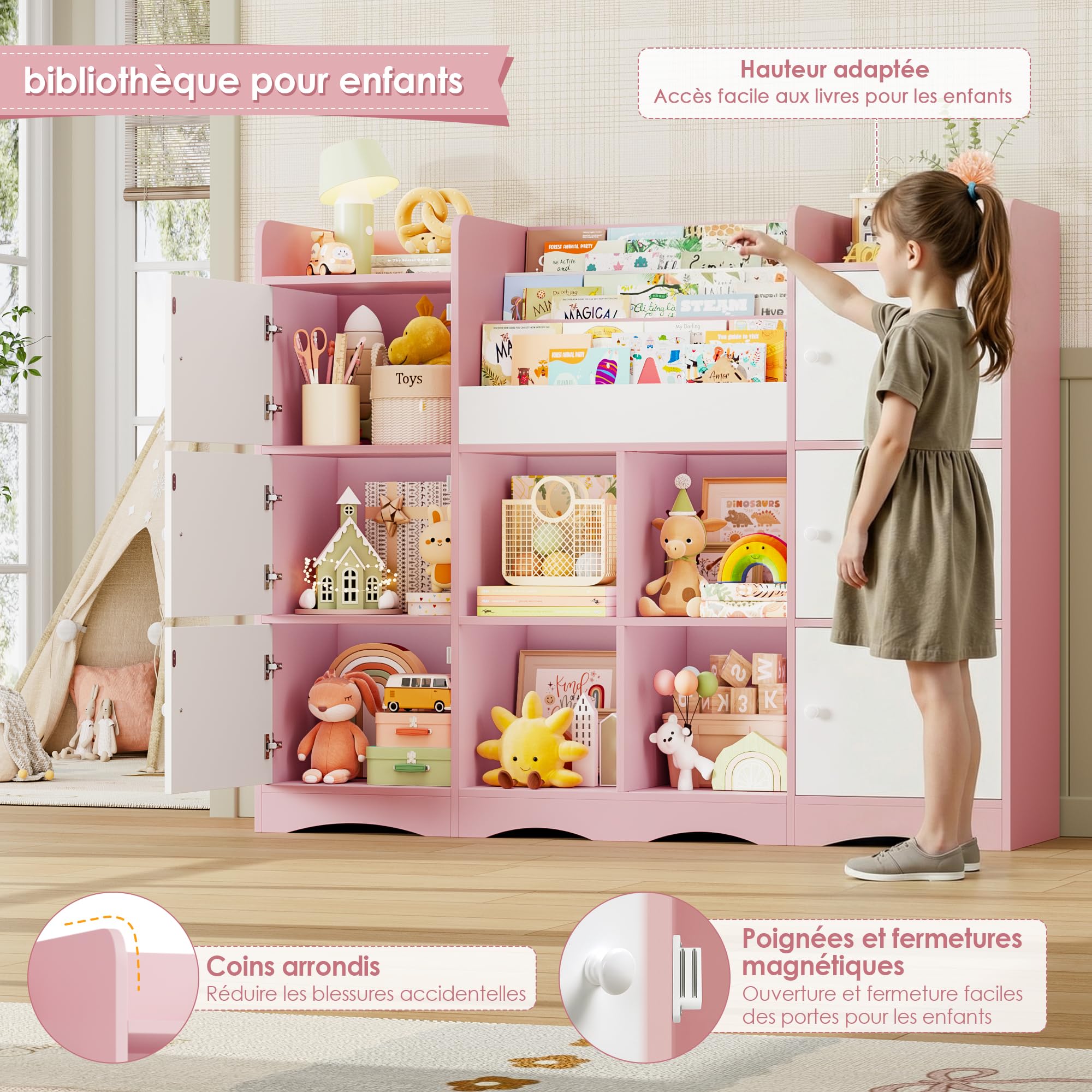 FOREHILL Meuble Rangement Enfant Bibliothèque Enfant avec 6 Portes 15 Étagères de Rangement Jouet Enfants pour Chambre Salle de Jeu 140x30x106 cm Rose