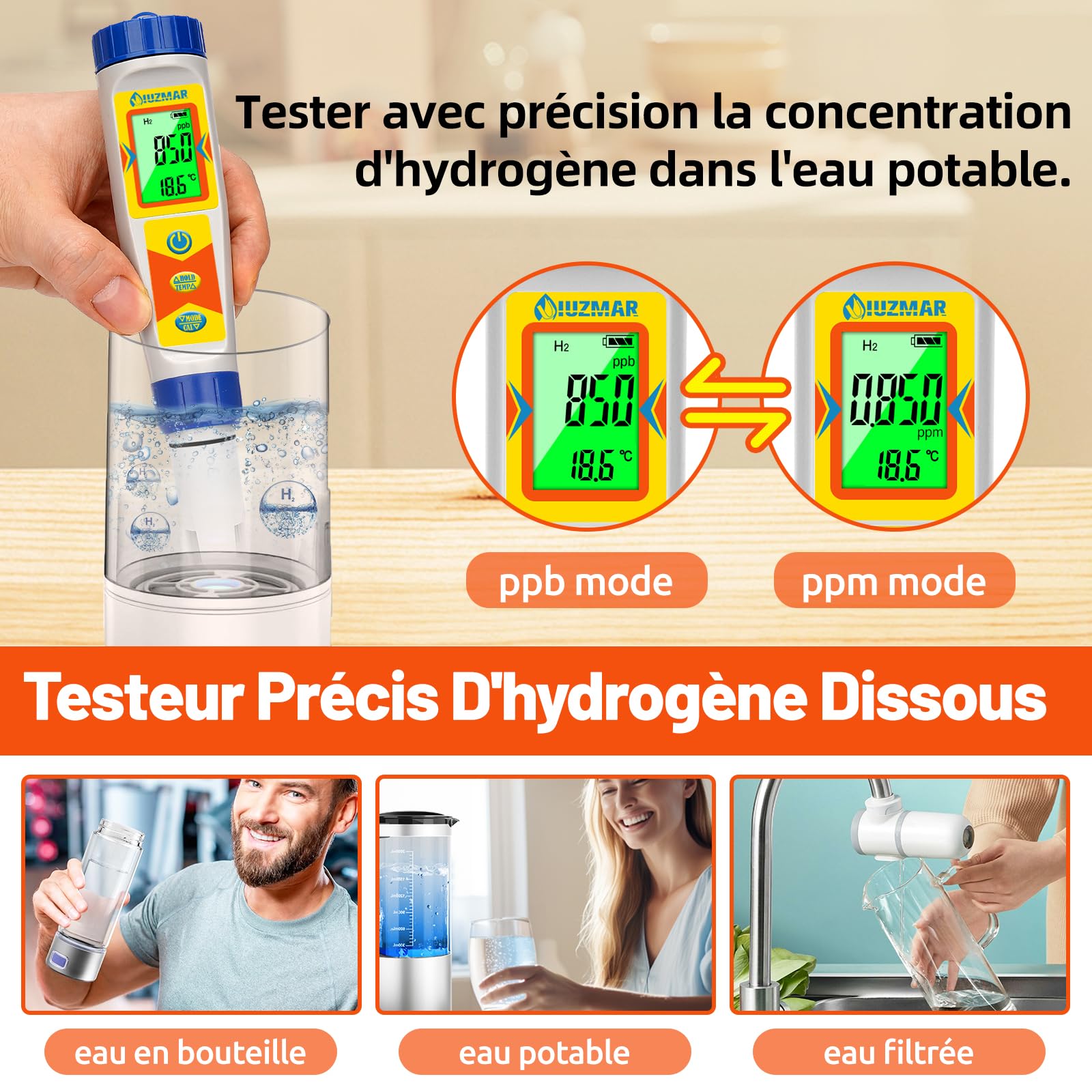 UIUZMAR Hydrogéno Mètre et pH Mètre pour L'eau Testeur de Bouteille D'hydrogène pour L'eau Potable Testeur de Qualité D'eau 6 en 1 avec Fonction ph H2 ORP TDS EC Temp pour Piscine, Hydroponie