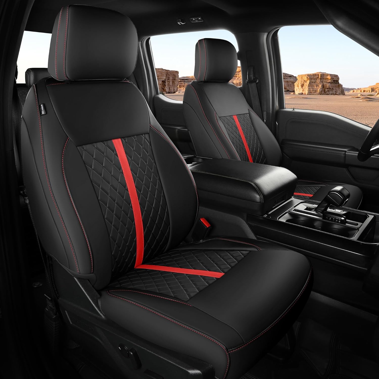 for Ford F150 Leather Seat Covers, SuperCrew XL XLT 2021-2025, F250 F350 F450 Super Duty Crew Cab 2023-2025, Custom Truck Seat Cover Full Set, Pickup Accessories, Black Red (Bucket Seat)