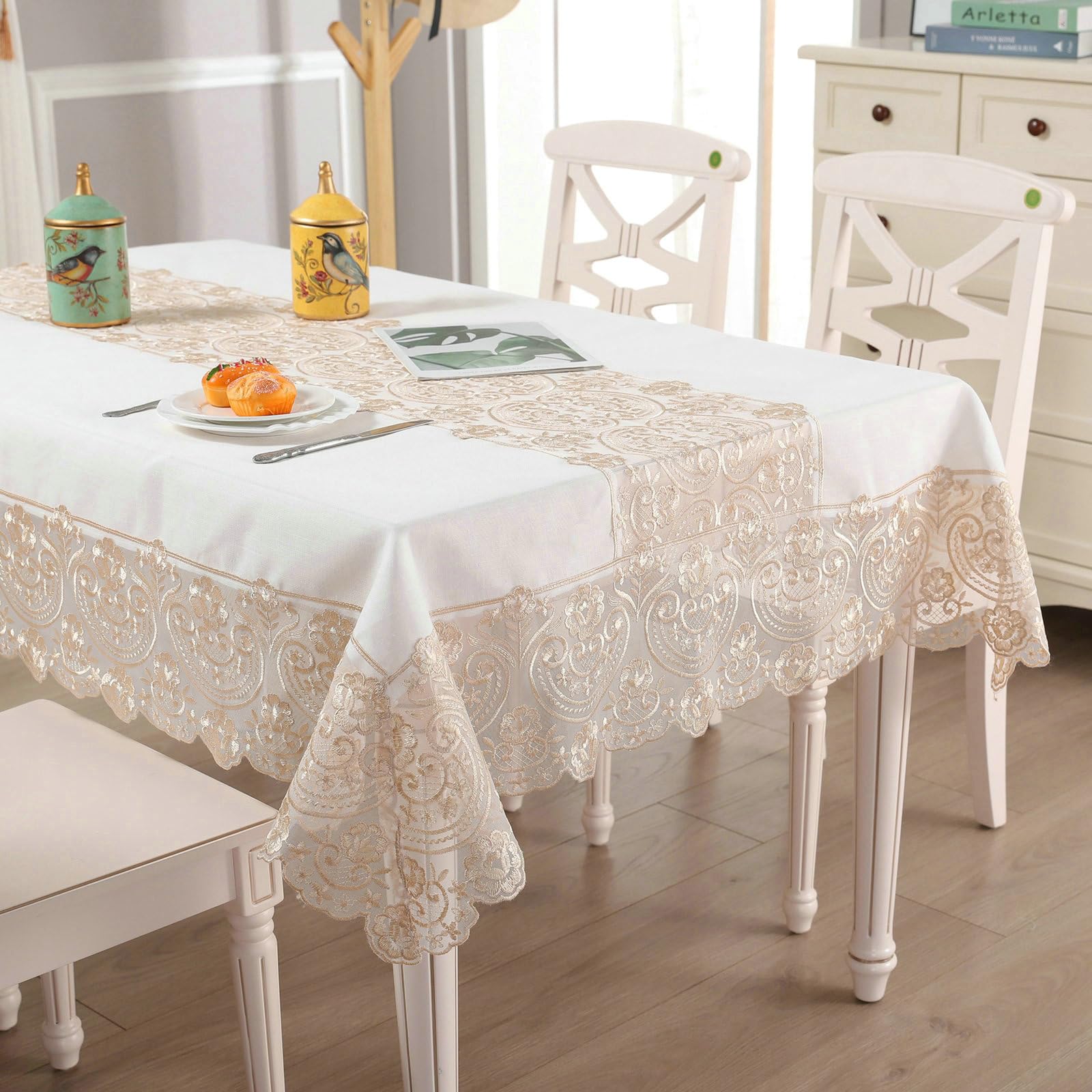 Tovaglia Rettangolare, Tovaglia Lavabile 90x220 cm Fiore Ricamo