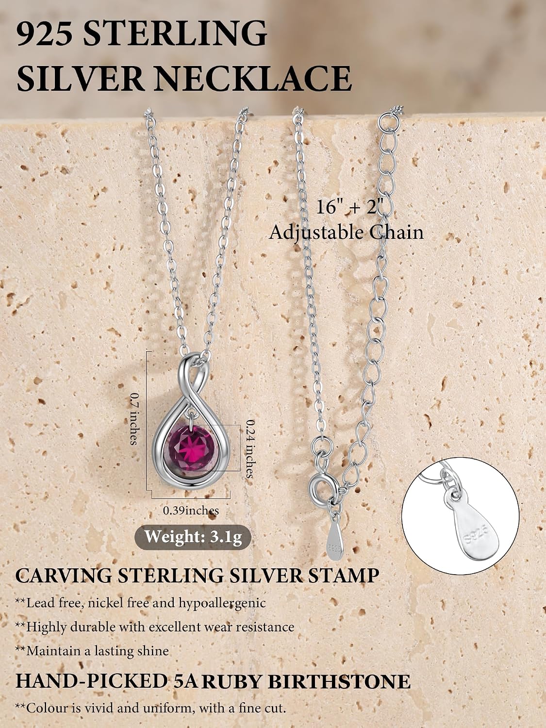 925 Sterling Silver Ruby Birthstone Necklace,5A July Birthstone Infinity Necklace,16"+2" Adjustable Red Ruby Necklaces Jewelry Gift for Women