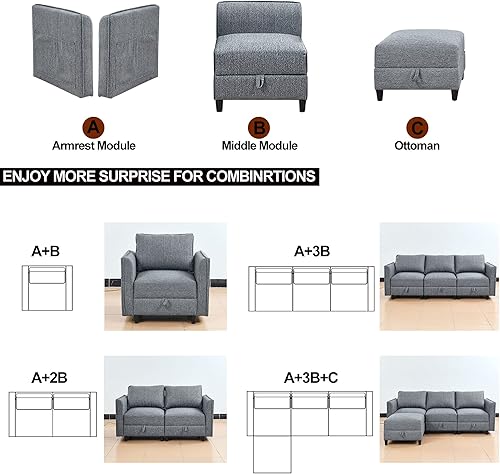 Miniatura 8 de EMKK Sofá modular modular tapizado en forma de L sofá convertible con diván reversible con otomanas para sala de estar apartamento espacios pequeños