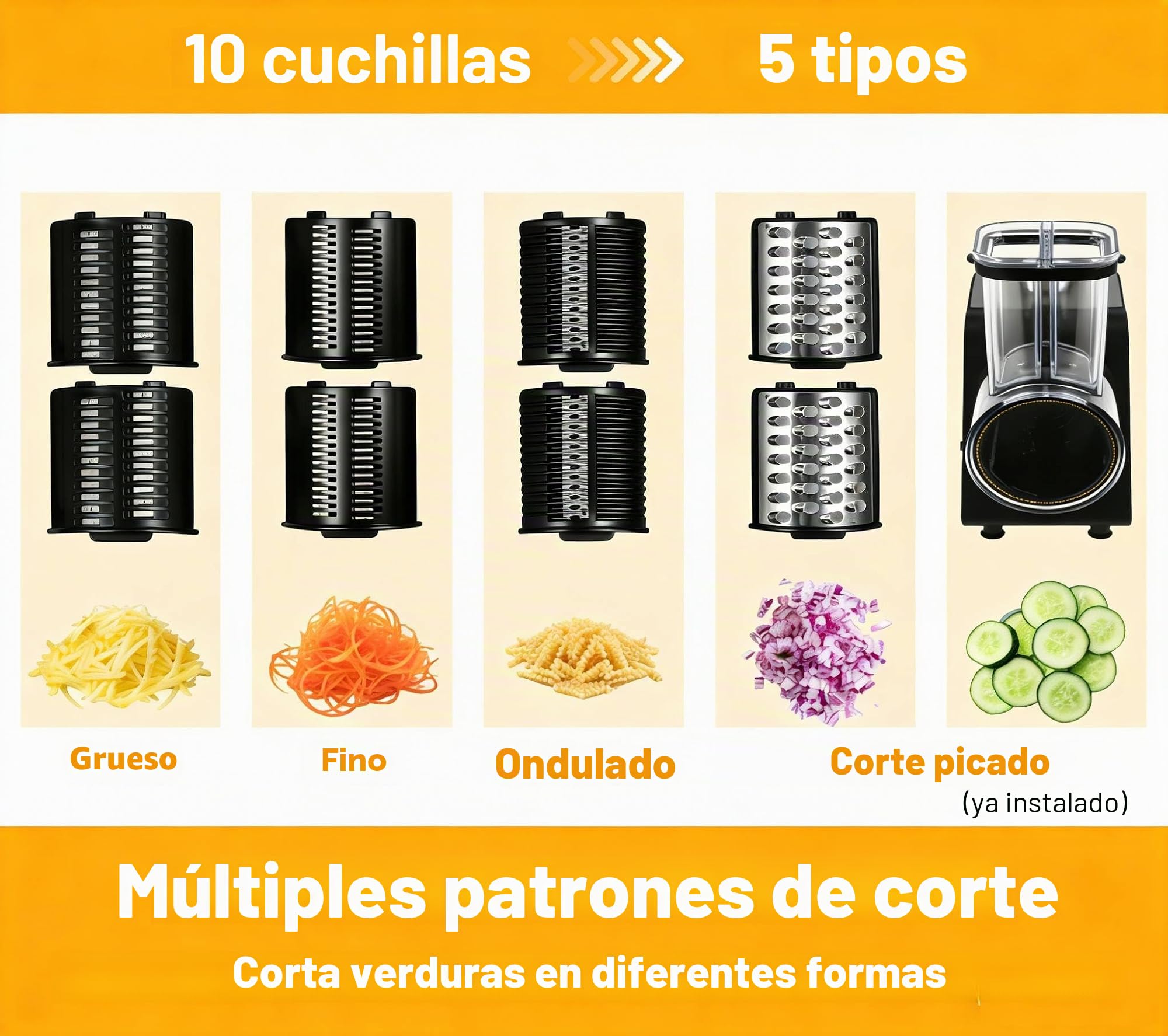 Cortador de verduras eléctrico 1000 W con motor de cobre, cuchillas de acero inoxidable (10 cuchillas de repuesto), material ABS, negro, 15 x 12 x 20 cm, independiente