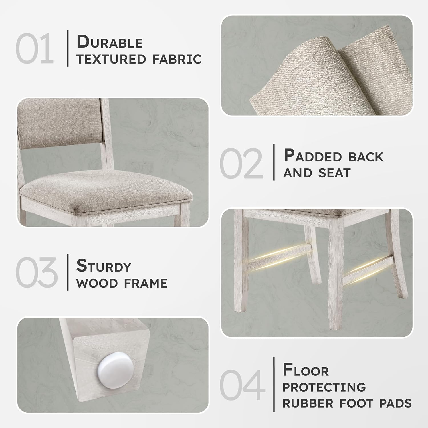 Lexicon Dining Chair Set of 2, Wooden Kitchen Chairs with Light Gray Textured Fabric Upholstered Seats and Back Rest, Accent Seating for Dining Room/Kitchen, Assembly Required, Brushed Antique White