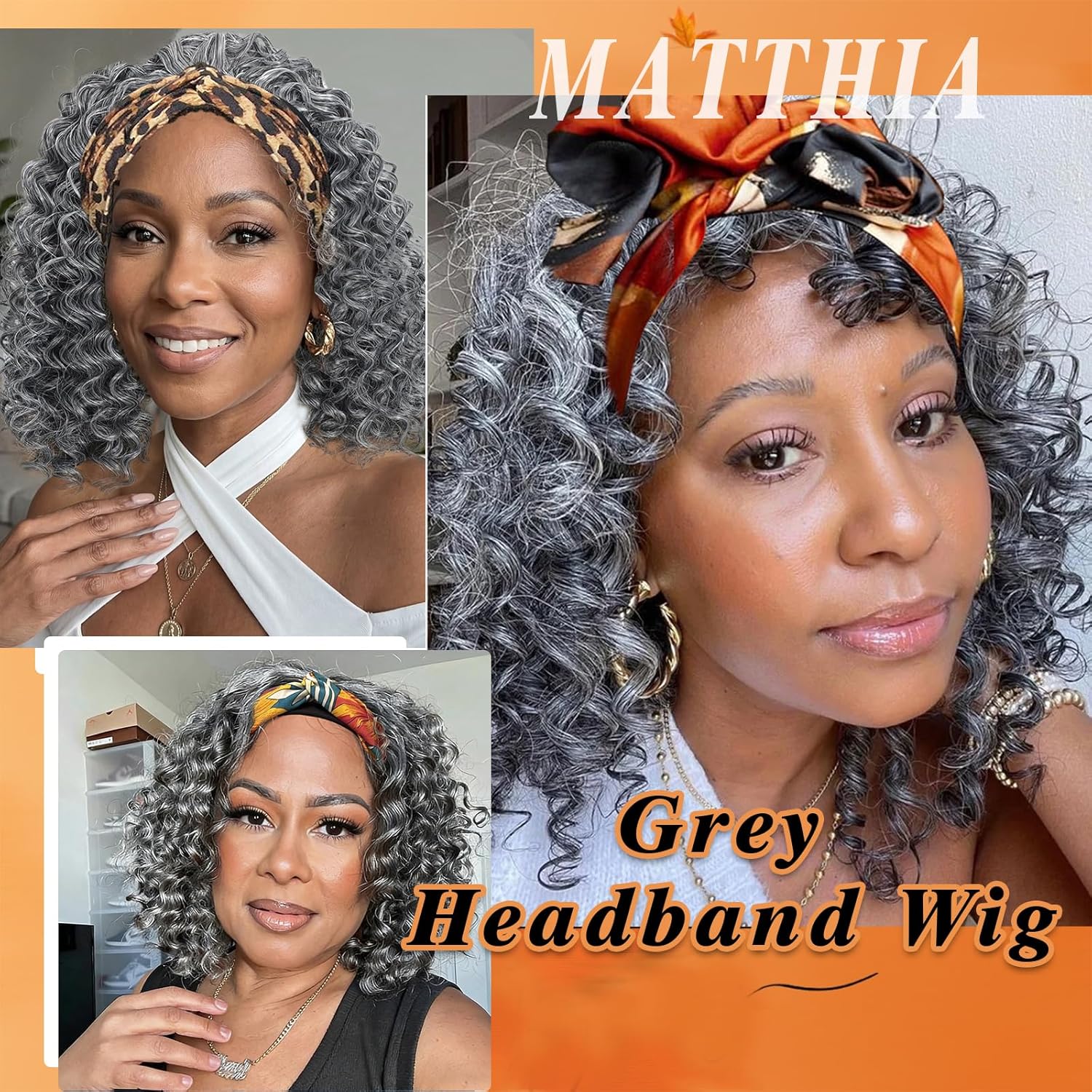 Matthia Grey Headband Wig 12inch Short Kinky Curly Headband Wigs for Black Women Short Curly Headband Wig Synthetic with Headband Glueless No Lace Easy Wear Daily Partly Wig