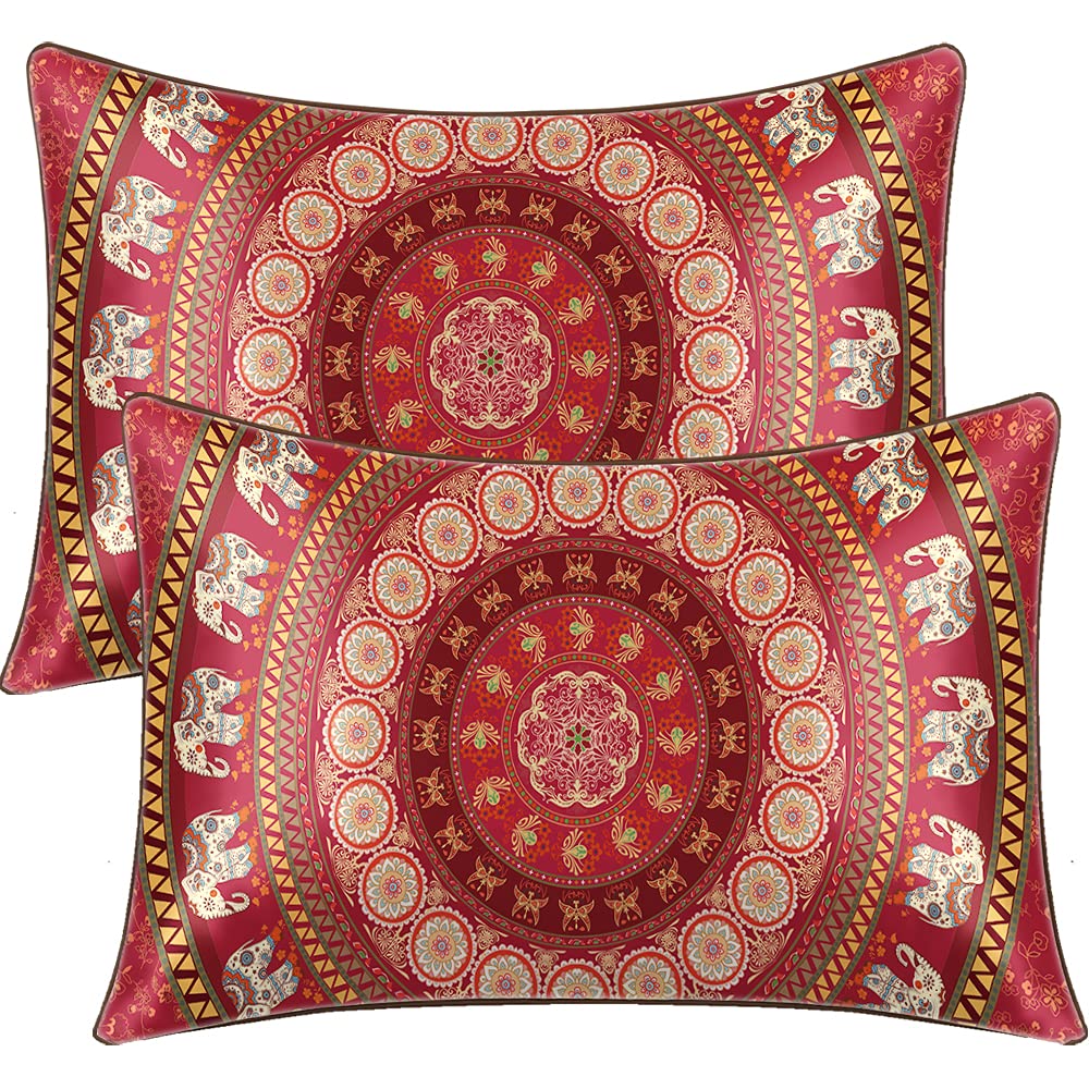 BlessLiving Satin Elephant Pillow Case for Women - 2 Pack Queen(20''x30'') Mandala Pillowcase - Set of 2 Silk Pillow Cases with Envelope Closure (Red) — image 1