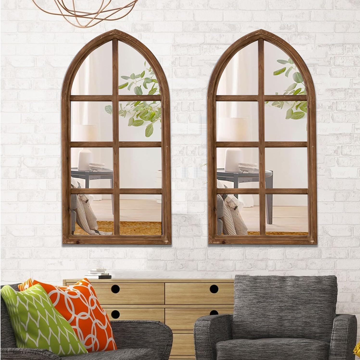 Farmhouse Cathedral Window Pane Mirror Wall Decor 18 X 36 Inch, Hanging Distressed Wood Arched Window Mirror, Decorative Wall Mirrors for Living Room Bedroom Entryway