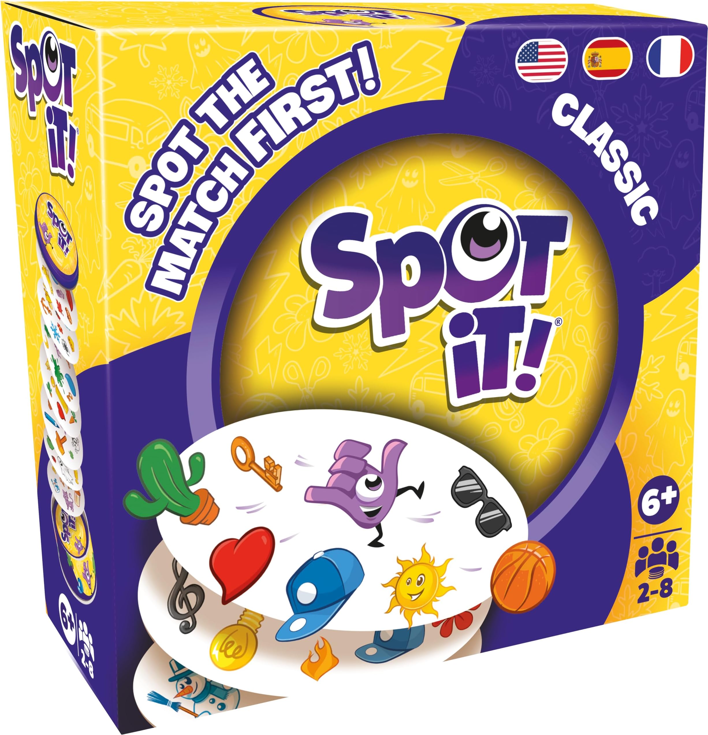 Spot It! Classic Card Game (2024 Refresh) - Eco-Sleeve Edition, 5-in-1 Visual Perception Game for Quick Reflexes and Family Fun, Ages 6+, 2-8 Players, 10 Minute Playtime
