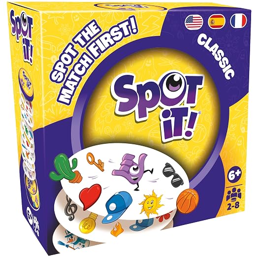 Spot It! Classic Card Game | Game for Kids | Age 6+ | 2 to 8 Players | Average Playtime 15 Minutes | Purple and Yellow Packaging | Made by Zygomatic