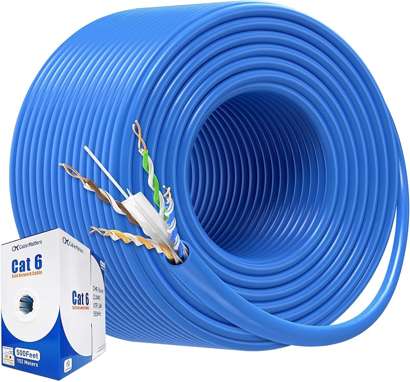 [UL Listed] 10Gbps 23AWG Cat 6 Bulk Cable, 500ft, Blue | In-Wall CM Rated, Bare Copper, Solid U/UTP, Cat6 Bulk Ethernet Cable