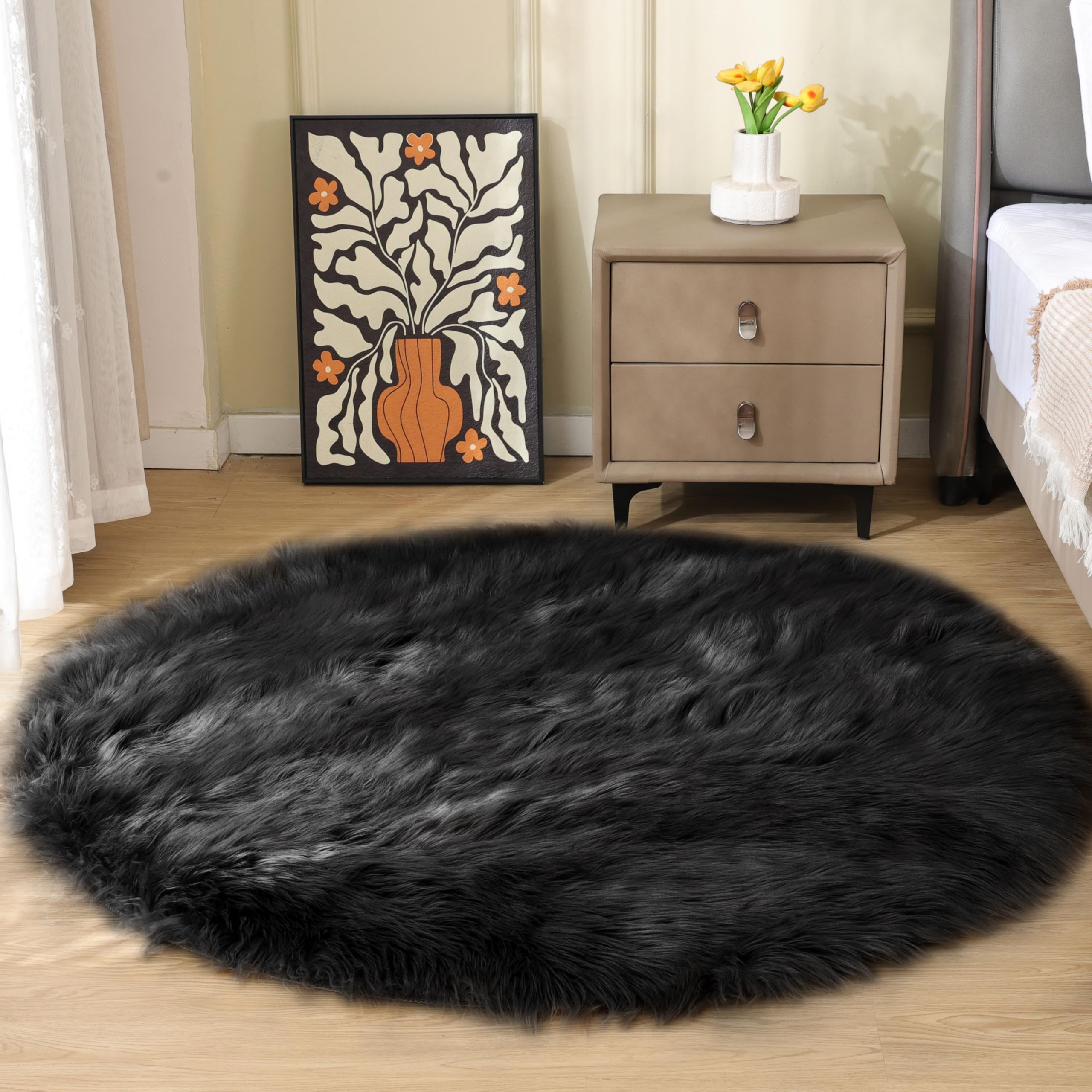 ORINOVA Black Fuzzy Living Room Washable Area Rugs for Bedroom Shag Circle Faux Sheepskin Furry Fur Round Rug 5ft Nursery Rug