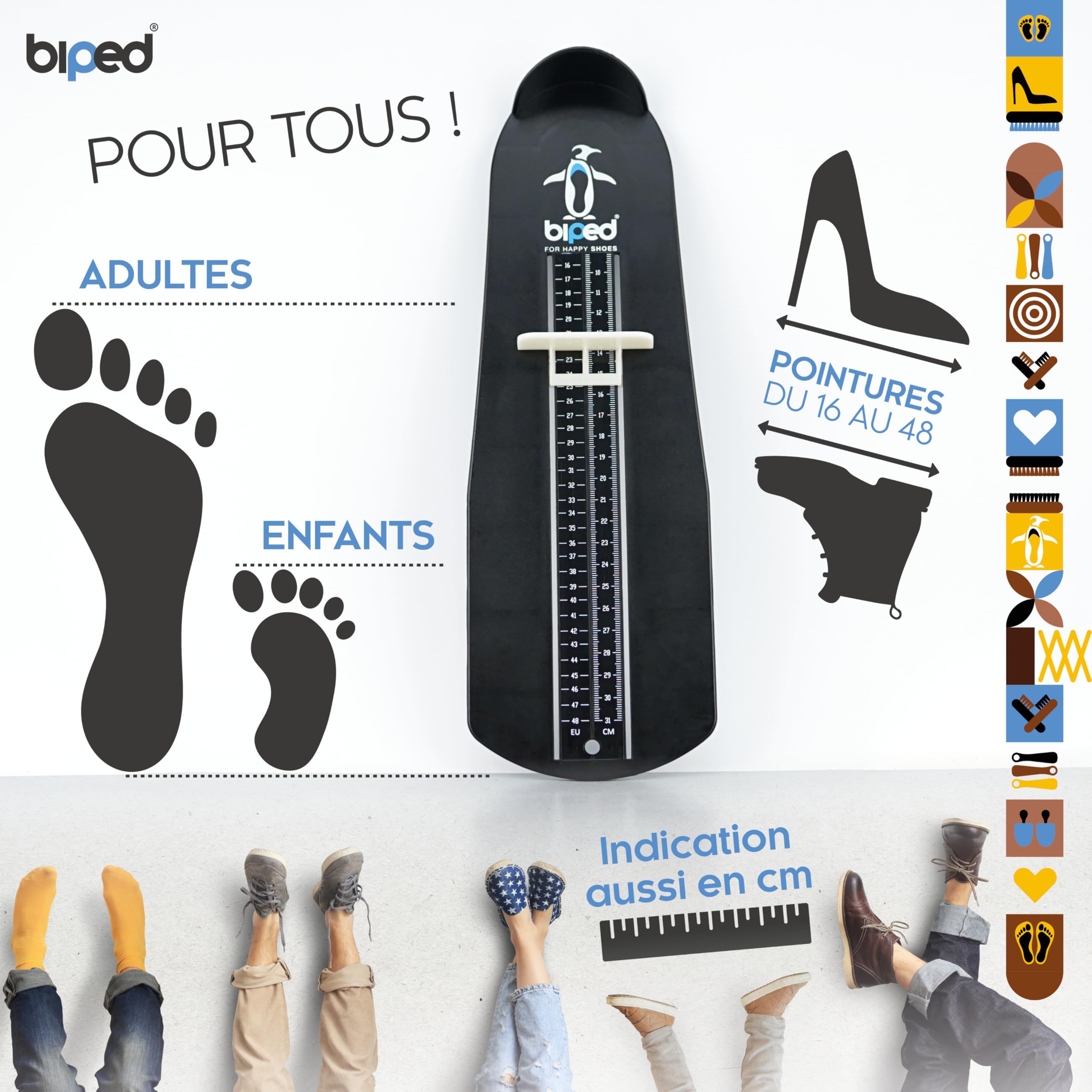 biped Appareil de mesure des pieds pour enfants et adultes – Échelle en cm incluse – Mesure-pointure pour chaussures tailles EU 15 à 48 – Pour femmes, hommes et enfants z2933