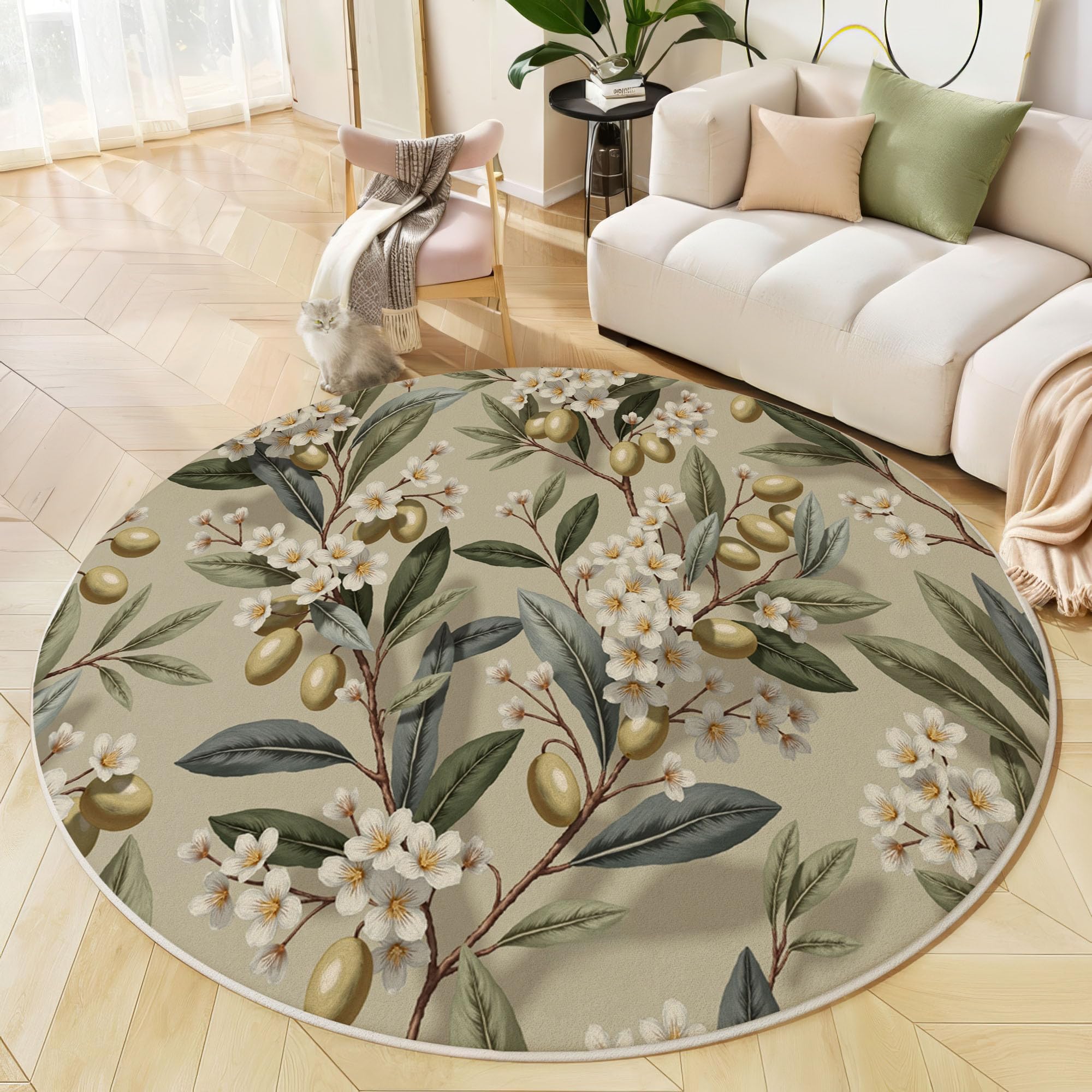 Tapis branche d'olivier de luxe en peluche douce couleur beige