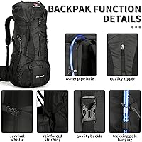 Vista 5 de Mochila de senderismo para hombres y mujeres, 70L+5L, impermeable, ligera, mochila de camping con cubierta de lluvia, sin marco, Negro-b, Mochila