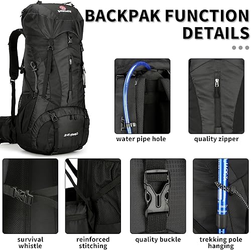 Miniatura 5 de Mochila de senderismo para hombres y mujeres, 70L+5L, impermeable, ligera, mochila de camping con cubierta de lluvia, sin marco (negro, b)