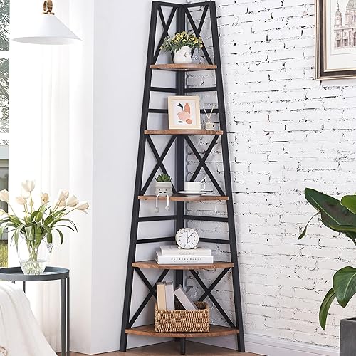 HOMBAZAAR Estante esquinero, estantería de esquina independiente de 5 niveles, estante de escalera de esquina alto con marcos de metal, soporte de