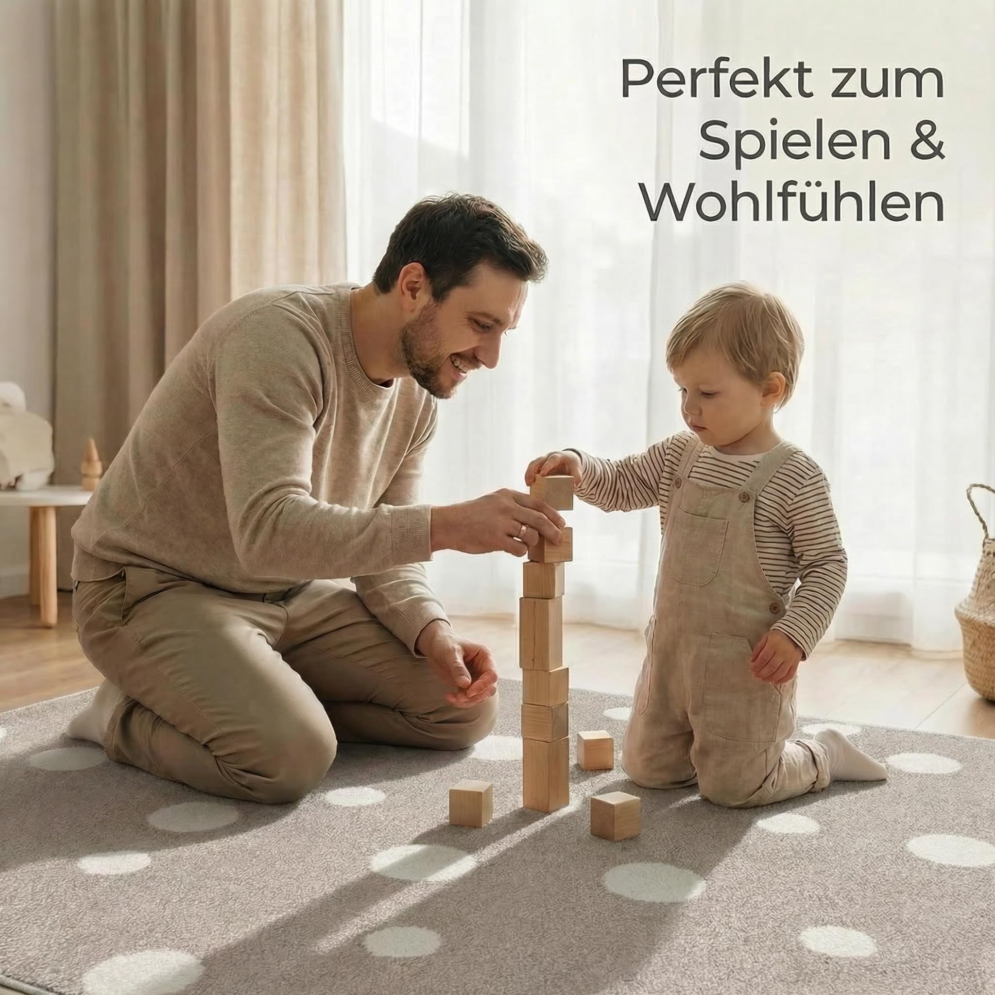 Jimri Kinderteppich DOTS l Pünktchen Gepunktet l Öko-Tex Siegel | Farbe: Beige Blau Rosa | Kinderzimmer/Jugendzimmer (Beige, 120 x 170 cm)