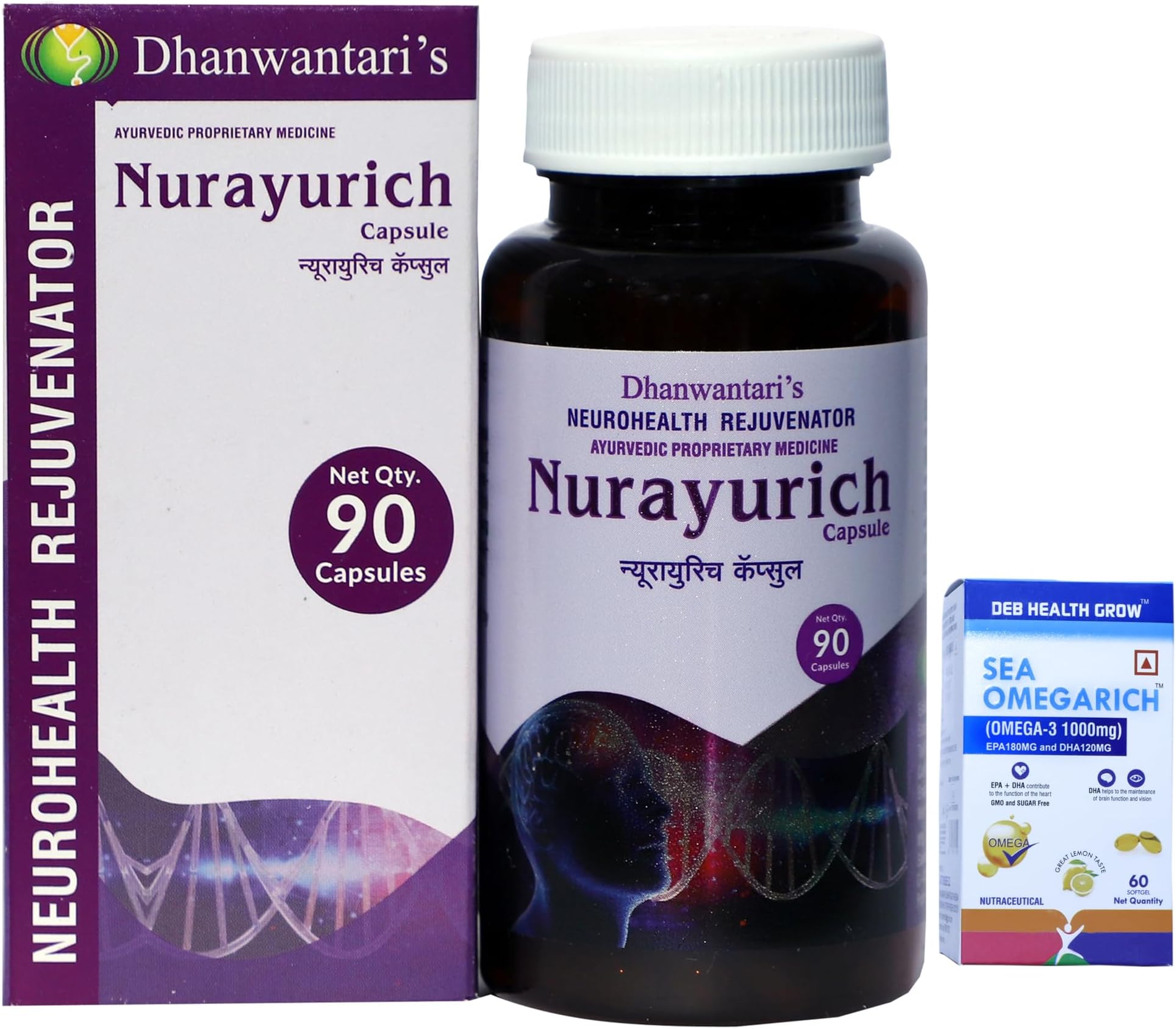 - Dhanwantari Nurayurich 90 Capsules And Free Deb Health Grow Sea OmegaRich Omega-3 1000mg Softgel 60 Capsuls (Pack of 2)