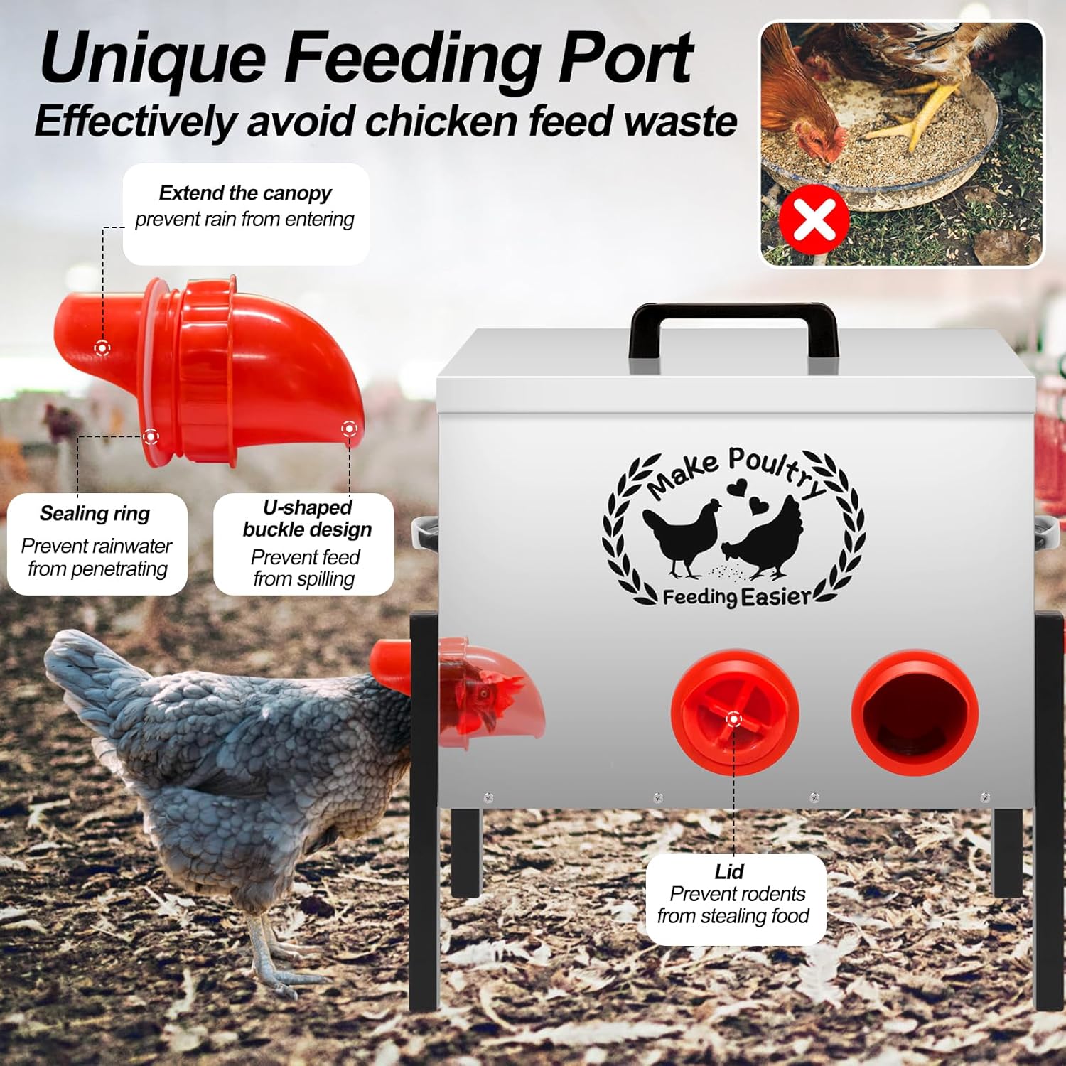 50LB Automatic Chicken Feeder Kit 8 Ports Large Metal Poultry Feeder Duck Chicken Coop Chick Feeder System Food Dispenser No Waste with Adjustable Legs Locking Lid Vegetable Hanging Bag Leg Rings