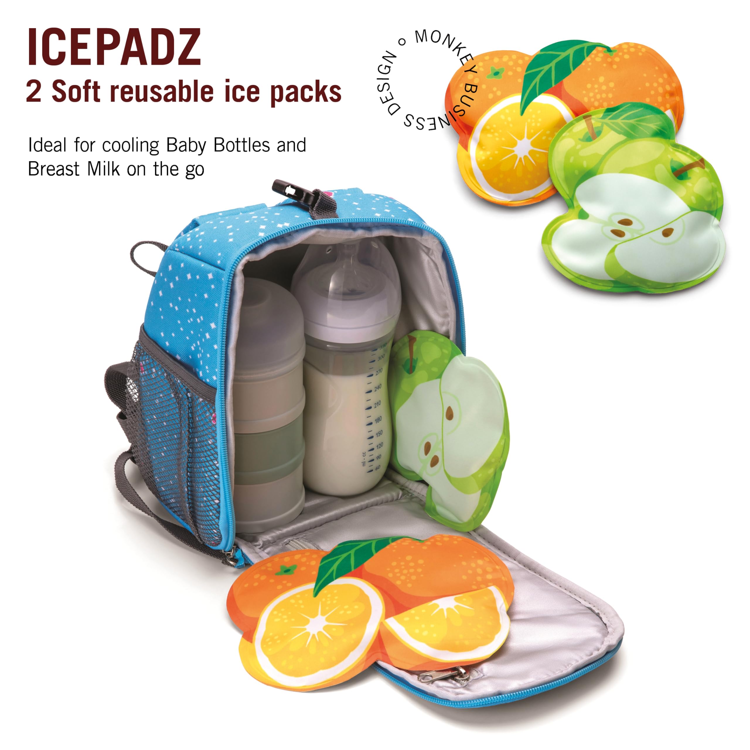 Monkey Business Icepadz - 2 Sacche Ghiaccio Gel Riutilizzabili Per Biberon E Borsa Frigo - Design Frutta