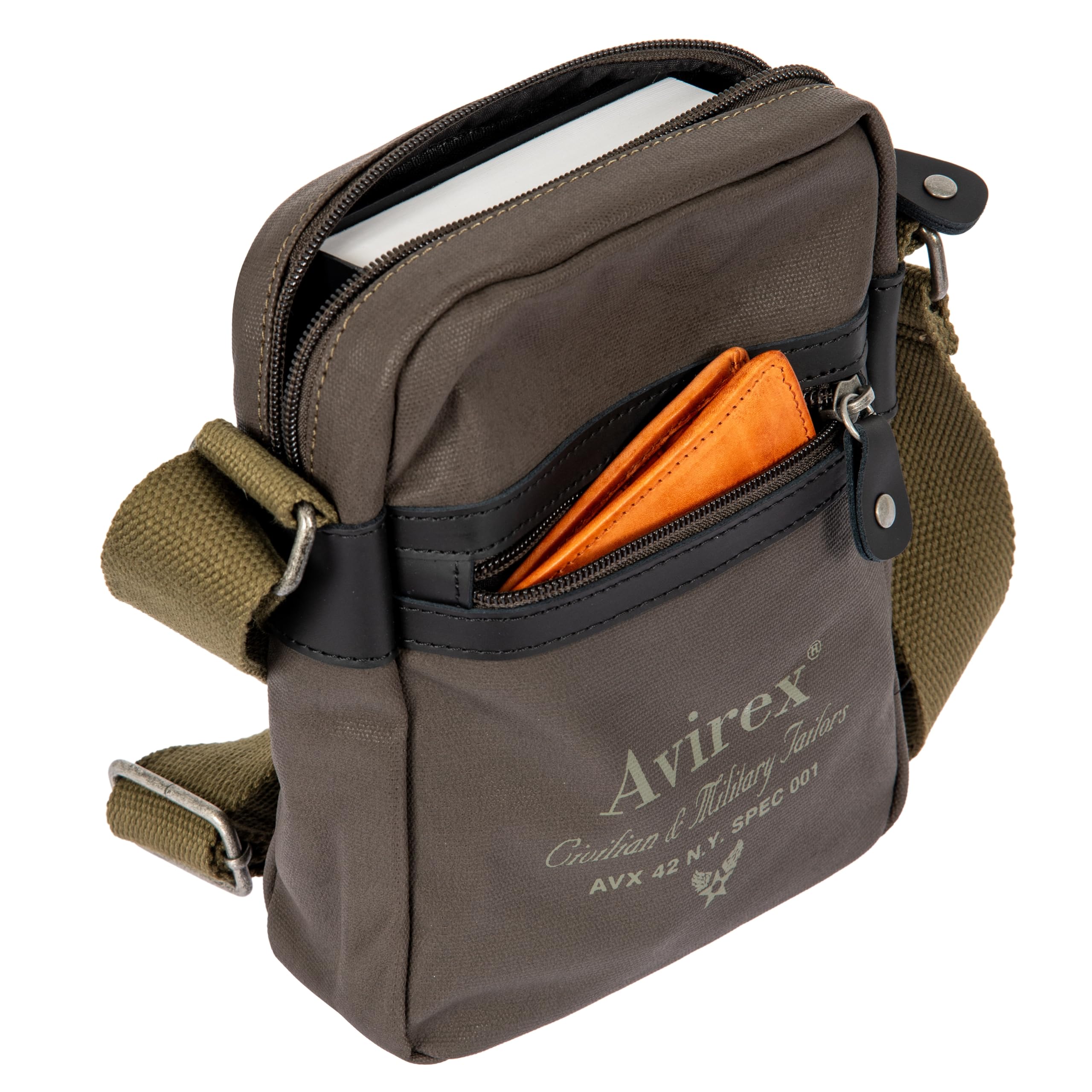 Avirex, Borsello Piccolo con Tracolla Regolabile in Canvas Spalmato con Parti in Ecopelle, Tracolla da Uomo, Collezione Dover, DVR10, Colore Mud Green