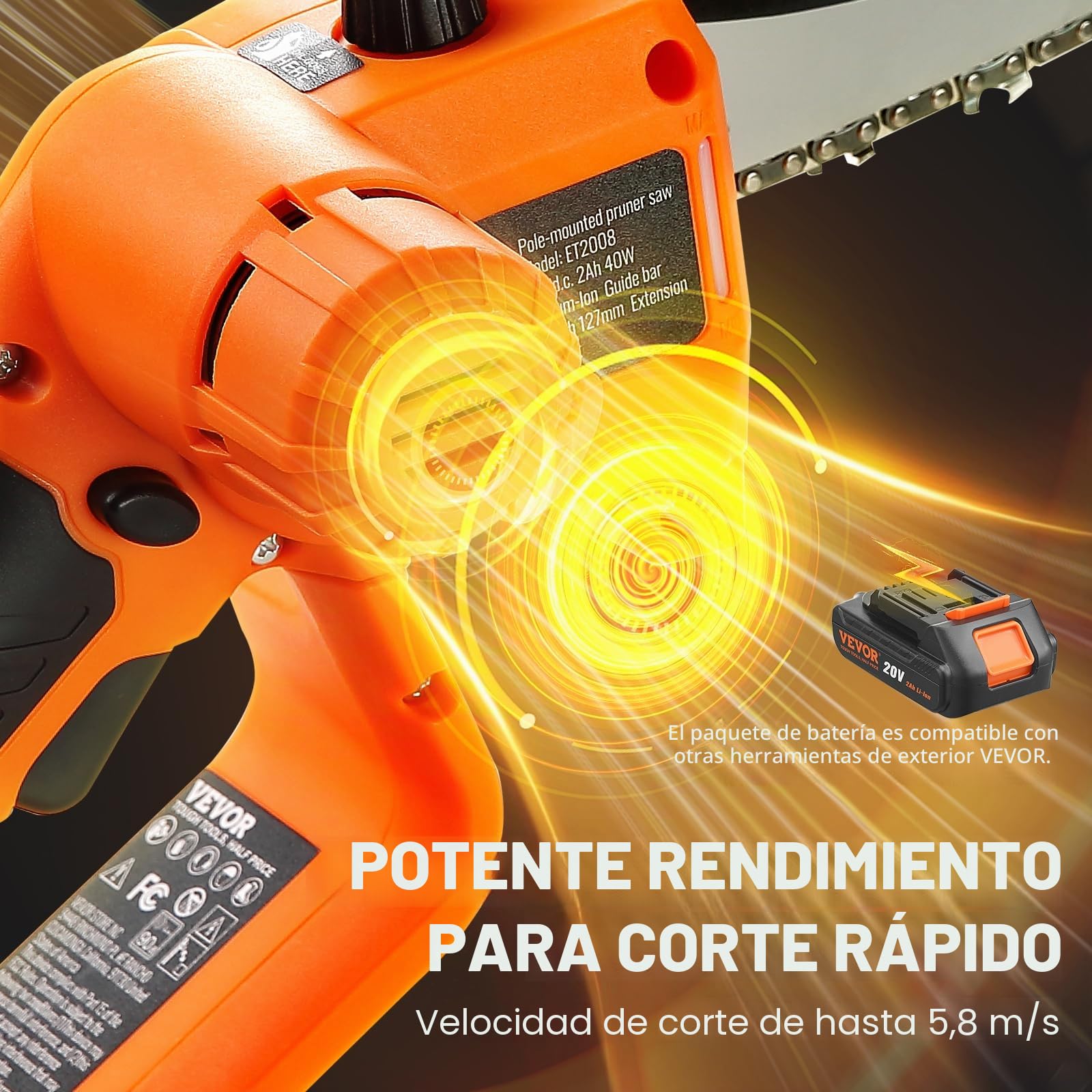 VEVOR Podadora de Pértiga Telescópica 2 en 1 con Batería de 20 V y 2 Ah Grosor de Corte de 13 cm Podadora Eléctrica con Batería y Funda de Cuchilla Sierra Telescópica para Cortar Ramas de Árboles