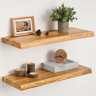 Floating Shelves Set of 2, Solid Elm Wood Wall Shelves 24 Inch - Invisible Bracket Mount for Living Room, Bedroom, Kitchen, Bathroom - Natural - Amazon product rated Grade A
