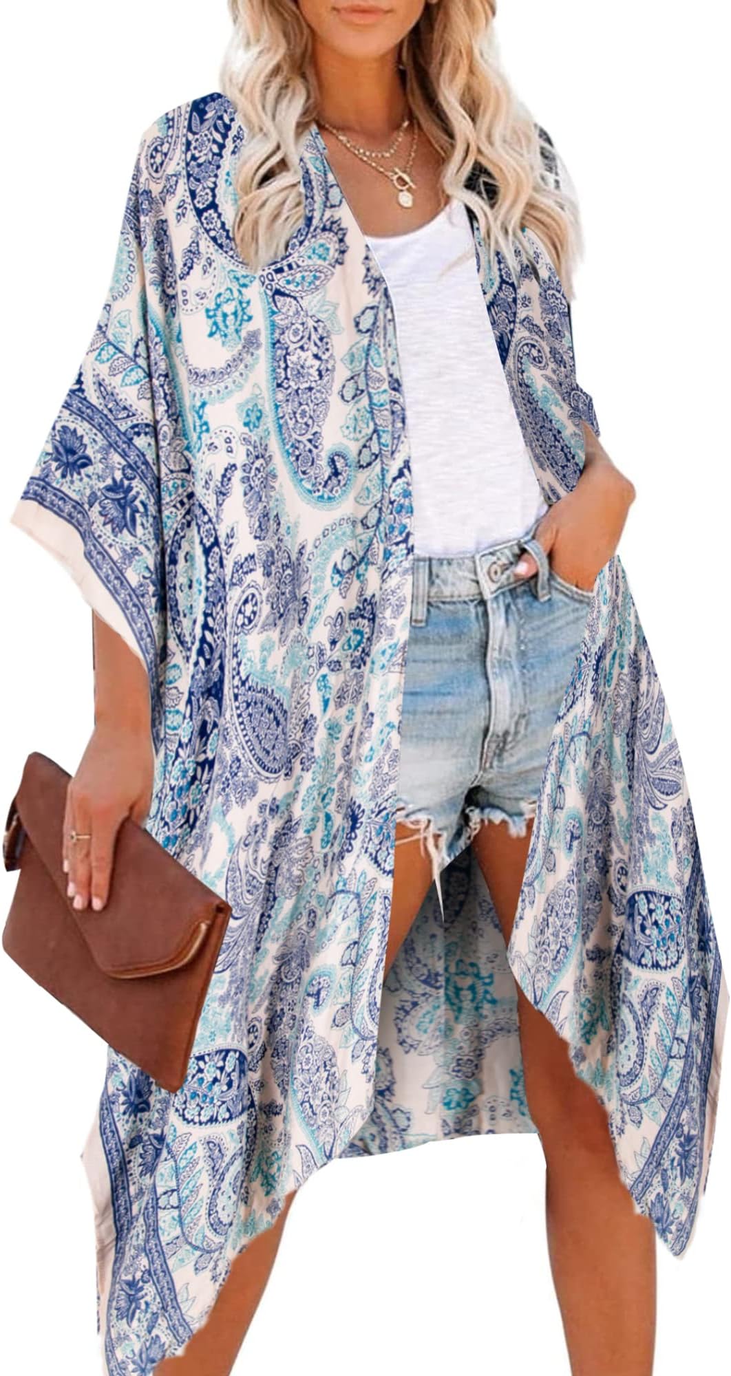 Moss Rose Women's Beach Cover up Swimsuit Kimono Cardigan with Bohemian Floral Print