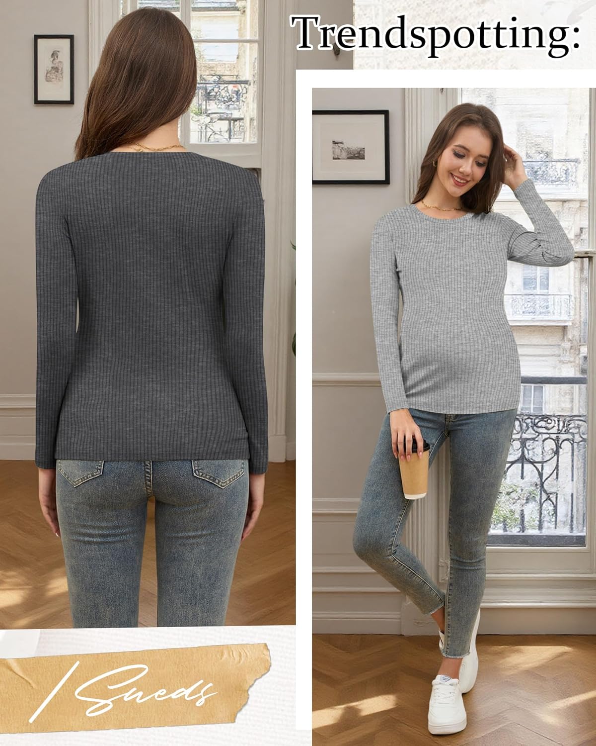 Riyiper 3 Pack Women's Maternity Shirts Long Sleeve Ribbed Knit Pregnancy Tees Crewneck Tunic Clothes Casual Fall Tops(Light Gray, Dark Gray, Black,X-Large) - Image 4