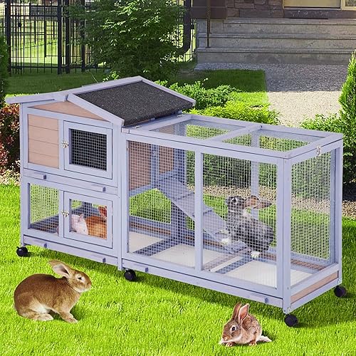 Conejera para interiores de 58 pulgadas para conejos, conejera de madera para exteriores, con ruedas, jaula grande para conejillos de indias, jaula