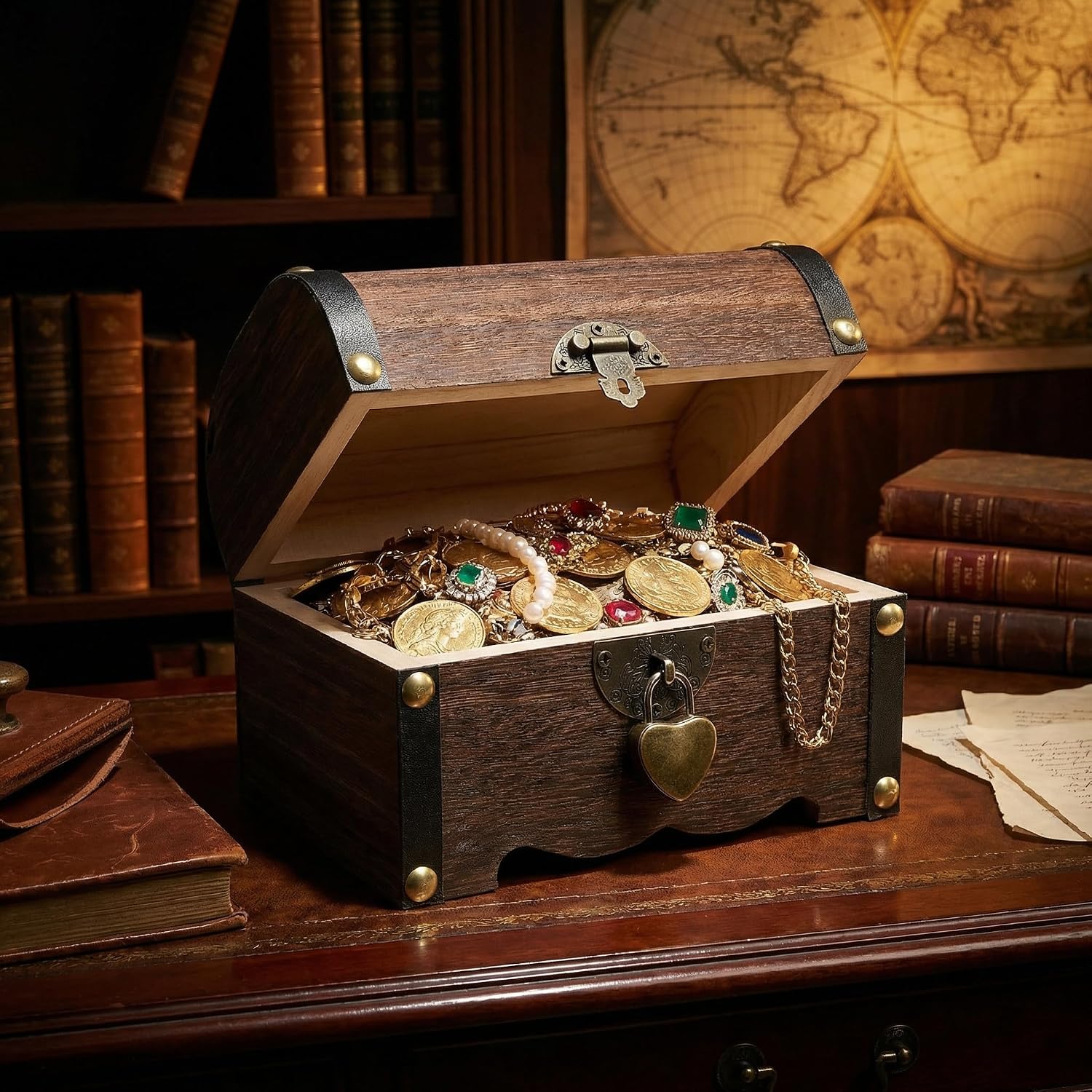 Toyvian Small Treasure Chest Piggy Bank with Lock and Key | Wooden Treasure Box for Kids & Adults | Vintage Money Bank & Coin Bank Pirate Chest Money Box Saver (Coffee Brown, 14cm) image 3
