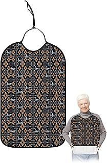 Kewadony Adult Bibs for Elderly Women - Yellow Flower Waterproof Dining Clothing Protectors with Crumb Catcher for Eating/Feeding, Geometric Plaid Abstract Art Black Terry Cloth Bib Machine Washable