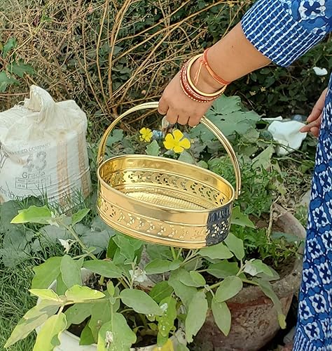 Miniatura 3 de Pure Source India Cesta tradicional de latón, forma ovalada, Pooja Dalia, (dorado)