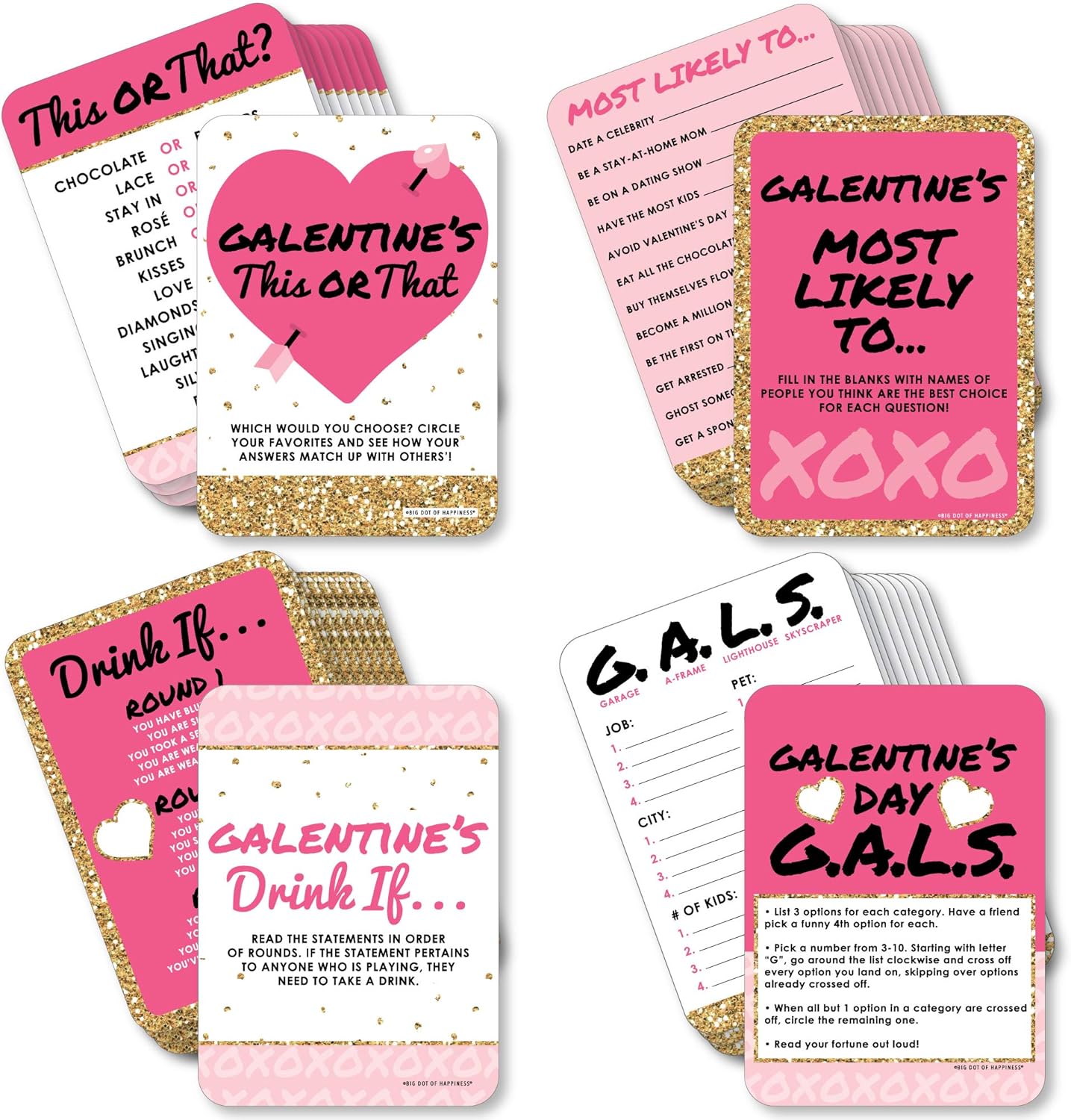 Big Dot of Happiness Be My Galentine - 4 Galentine’s & Valentine’s Day Party Games - 10 Cards Each - This or That, Most Likely to, Drink If, Gals - Gamerific Bundle