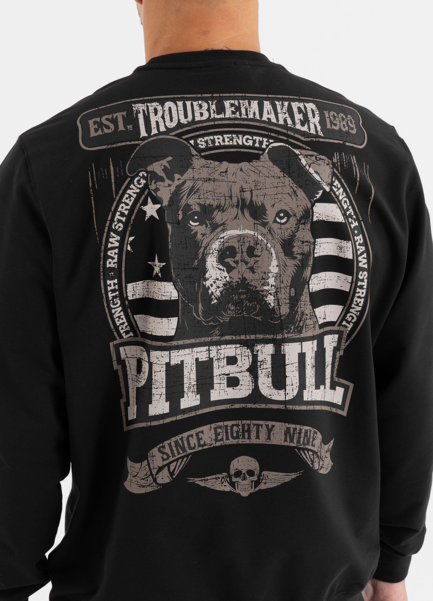 PITBULL Męska bluza Troublemaker Crewneck Pulower 280 g, nadruk na plecach psa, streetwear tricot terry, elastyczna, oddychająca, z długim rękawem