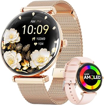Hwagol Smart Watches for Women with Android iPhone Compatible[Calls/Metal Thin Body],1.43" Micro-Spherical AMOLED Screen,Sports Watch with Sleep/Heart Rate Monitor,Pedometer for Steps Miles Gold
