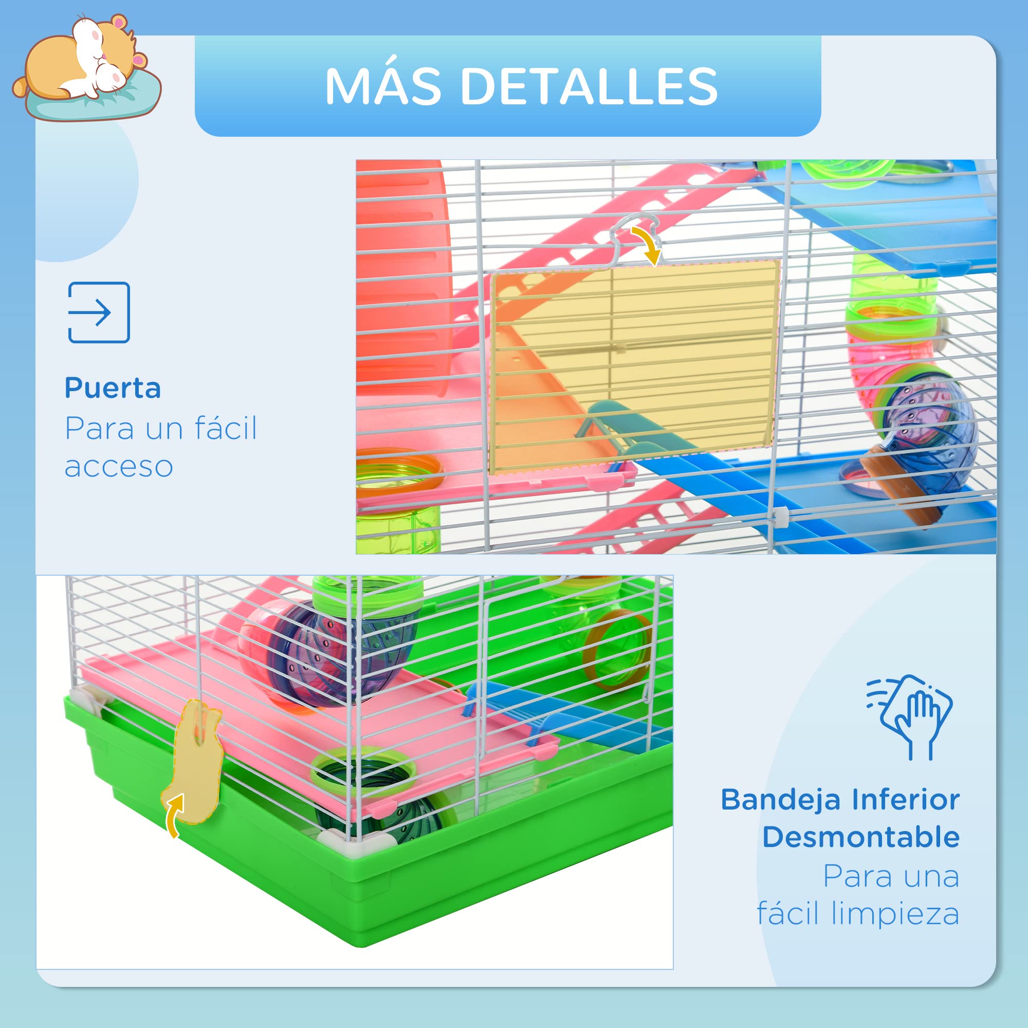 PawHut Jaula para Hámster de 5 Niveles, Casa para Roedores Pequeños con Túnel, Plataformas, Cuenco, Bebedero, Casita, Rampas y Rueda de Ejercicio, para Jerbos, 46x30x58 cm, Verde — view 6