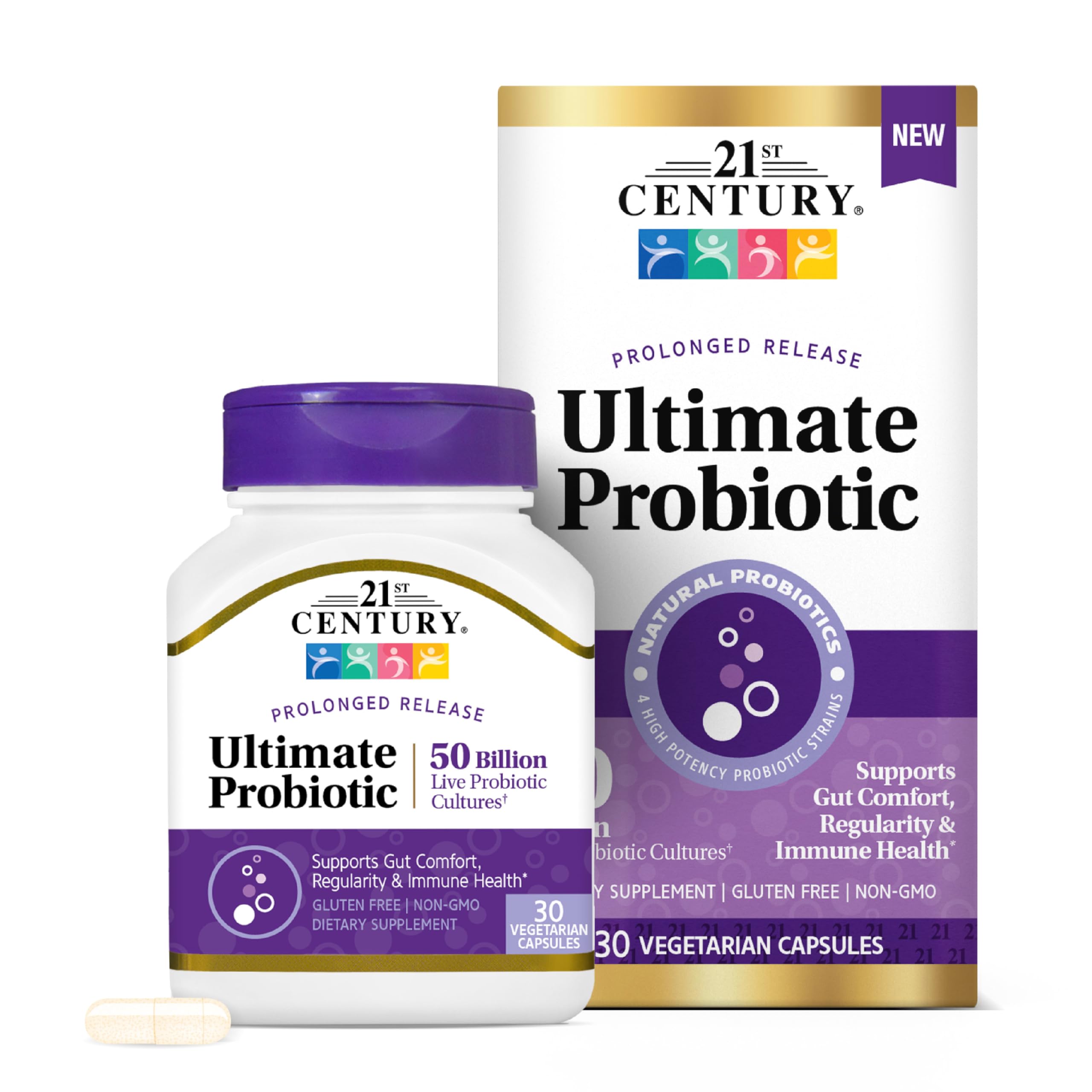 21st Century Ultimate Probiotic Supplement 50 Billion CFU Multi-Strain Formula with Prebiotic Inulin, Supports Gut Health & Immunity, Non-GMO, Gluten-Free, 30 Capsules for Men & Women